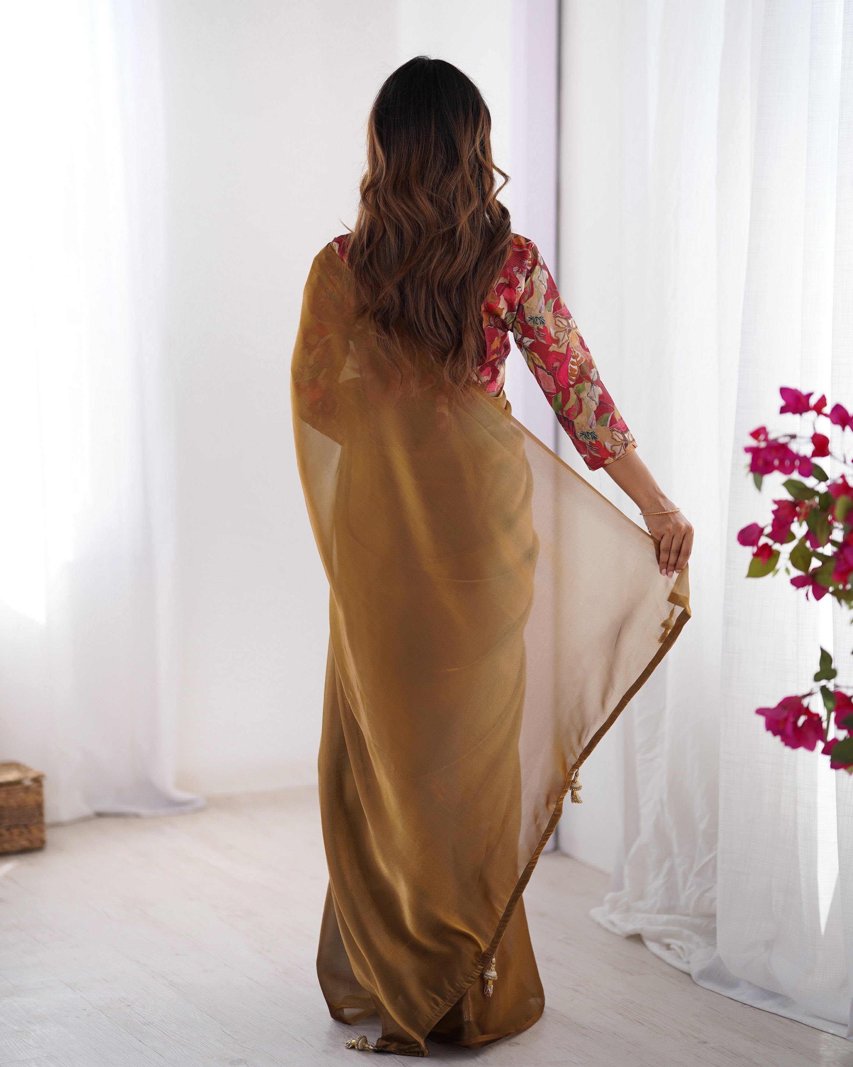 Brown Rangoli Designer Printed With Swarovski Work Partywear Saree