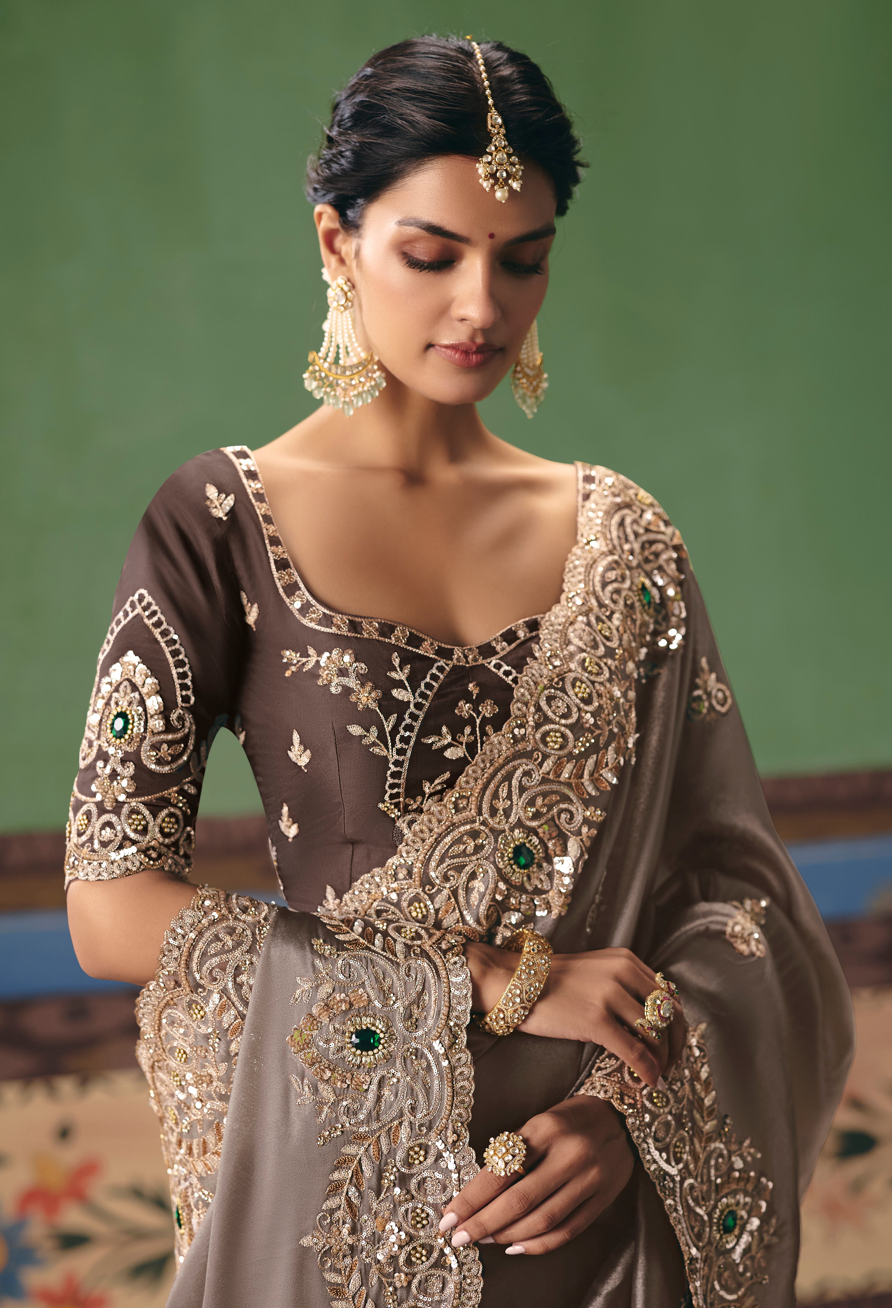Brown Saree With  Heavy Designer Embroidery, Sequince, Stone, Pearl With Beads Work