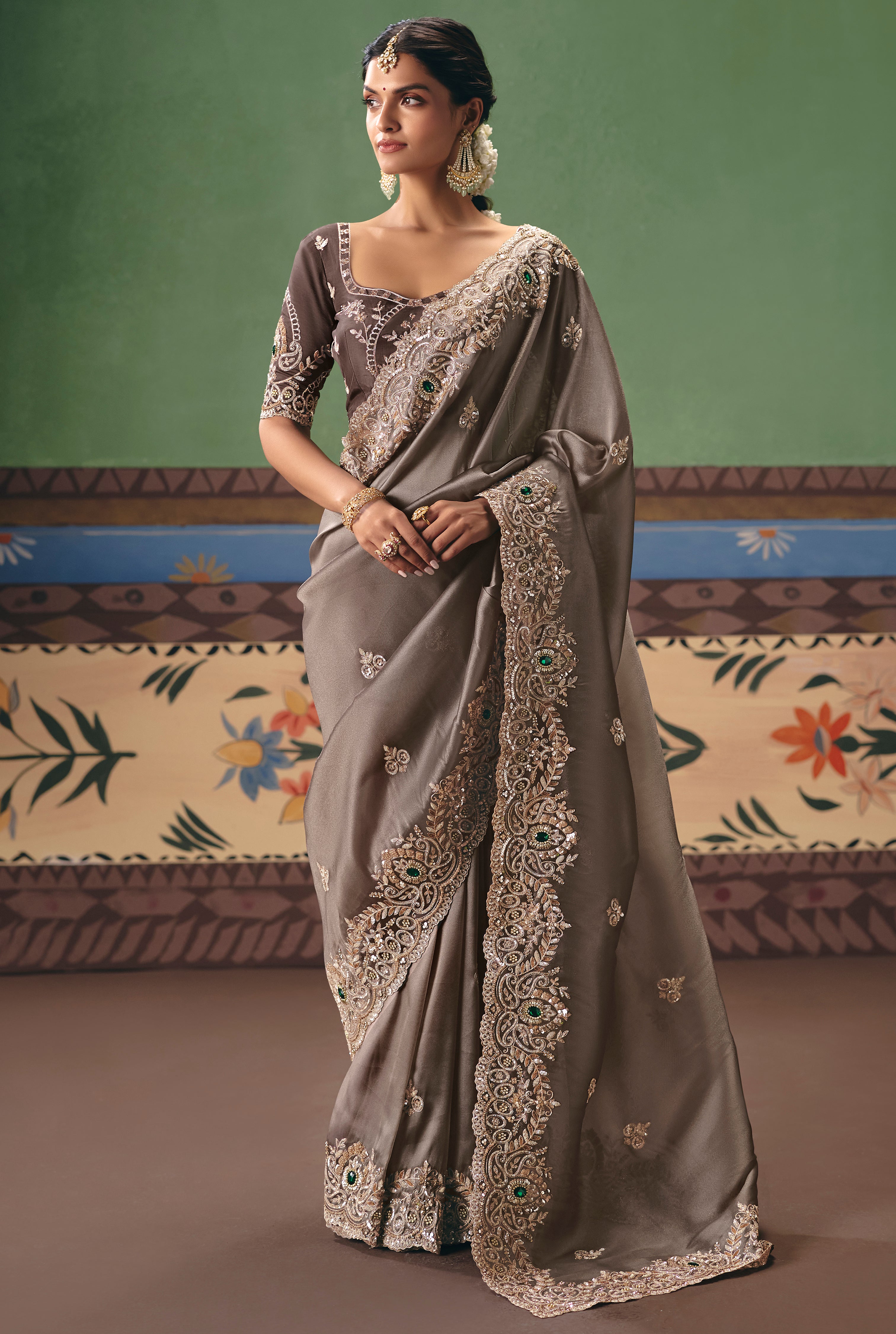 Brown Saree With  Heavy Designer Embroidery, Sequince, Stone, Pearl With Beads Work