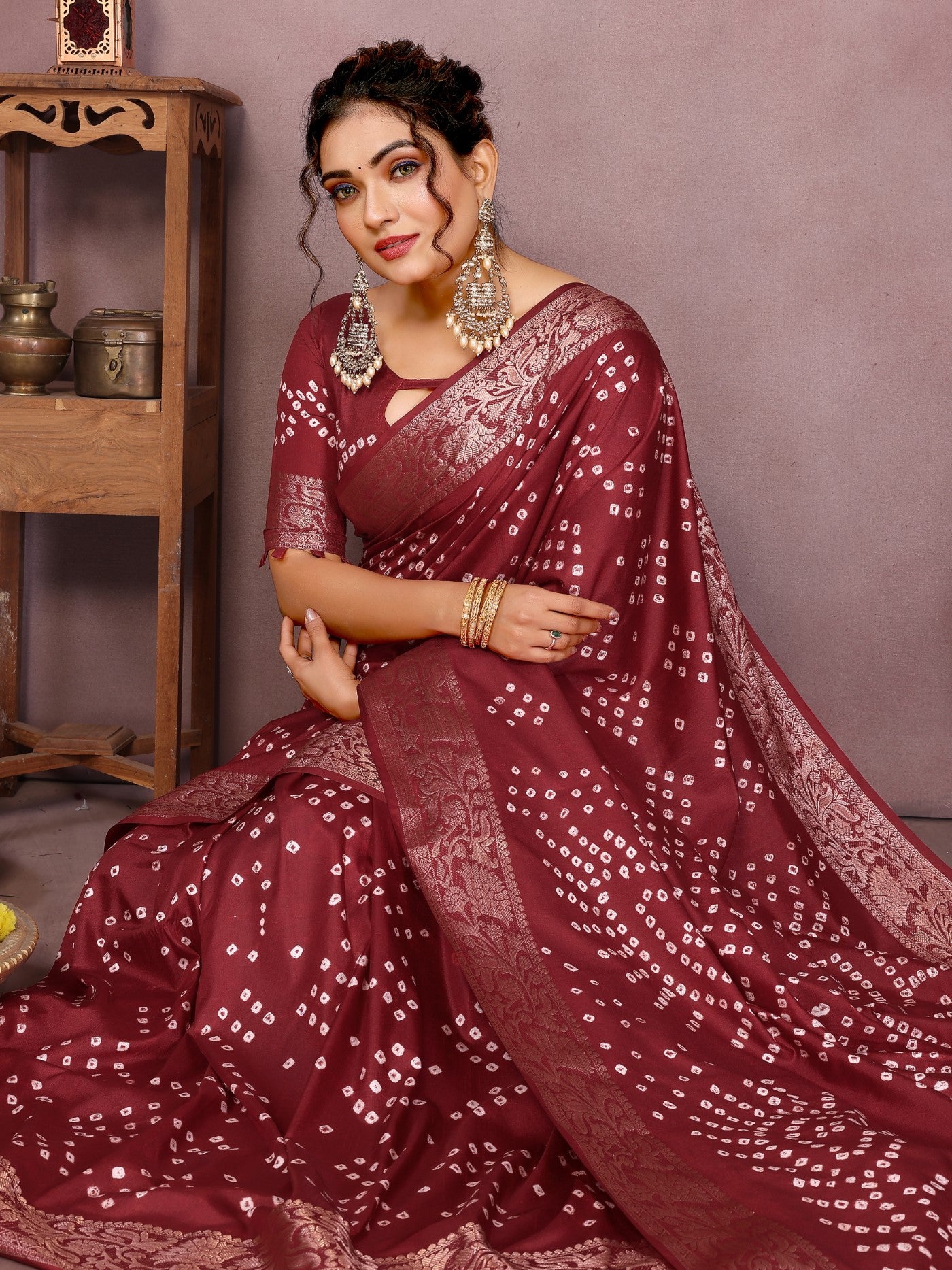 Brown Silk Saree With Bandhej And Premium Zari Weaving