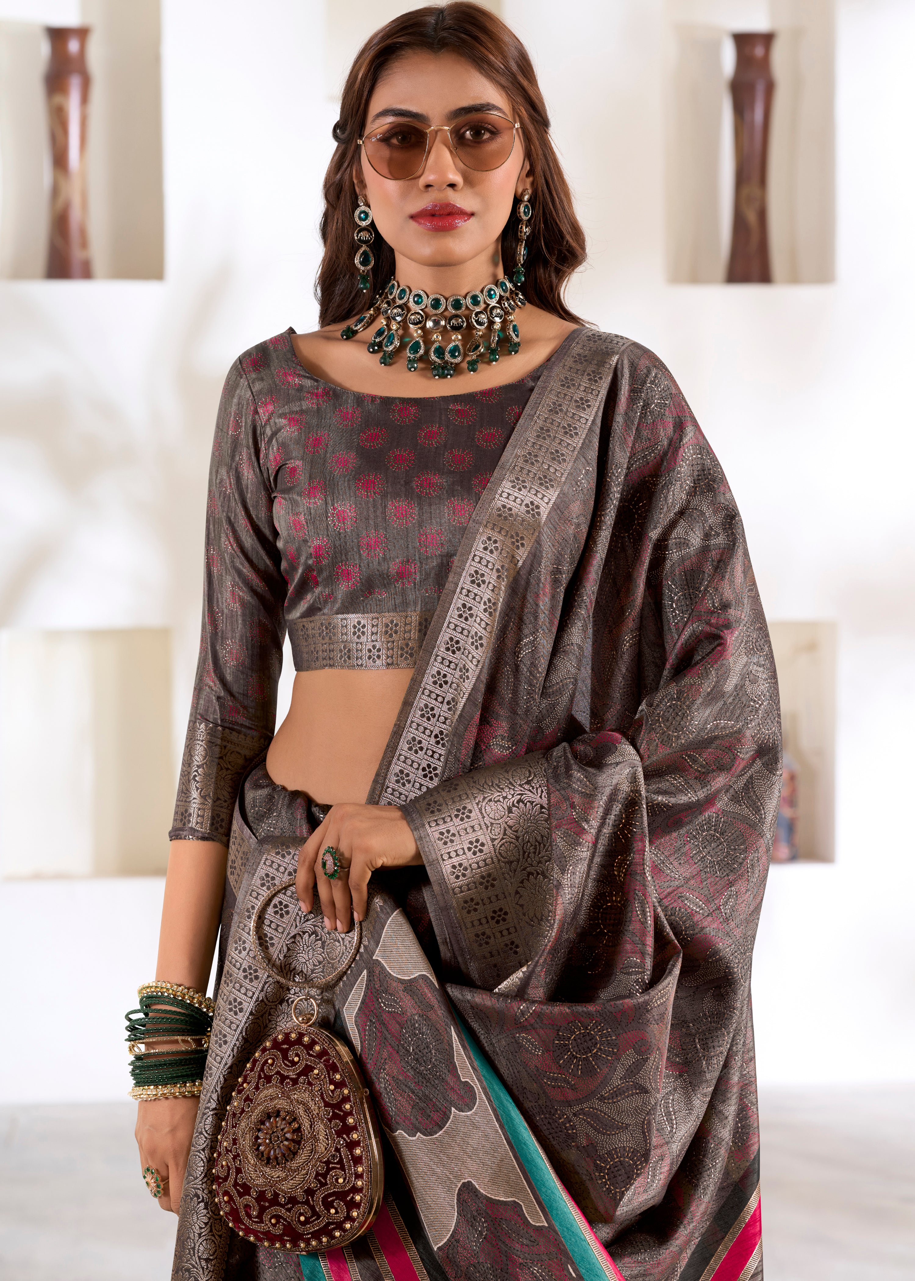 Brown Soft Dola Silk Saree With  Foil Print With Jacquard Woven Work
