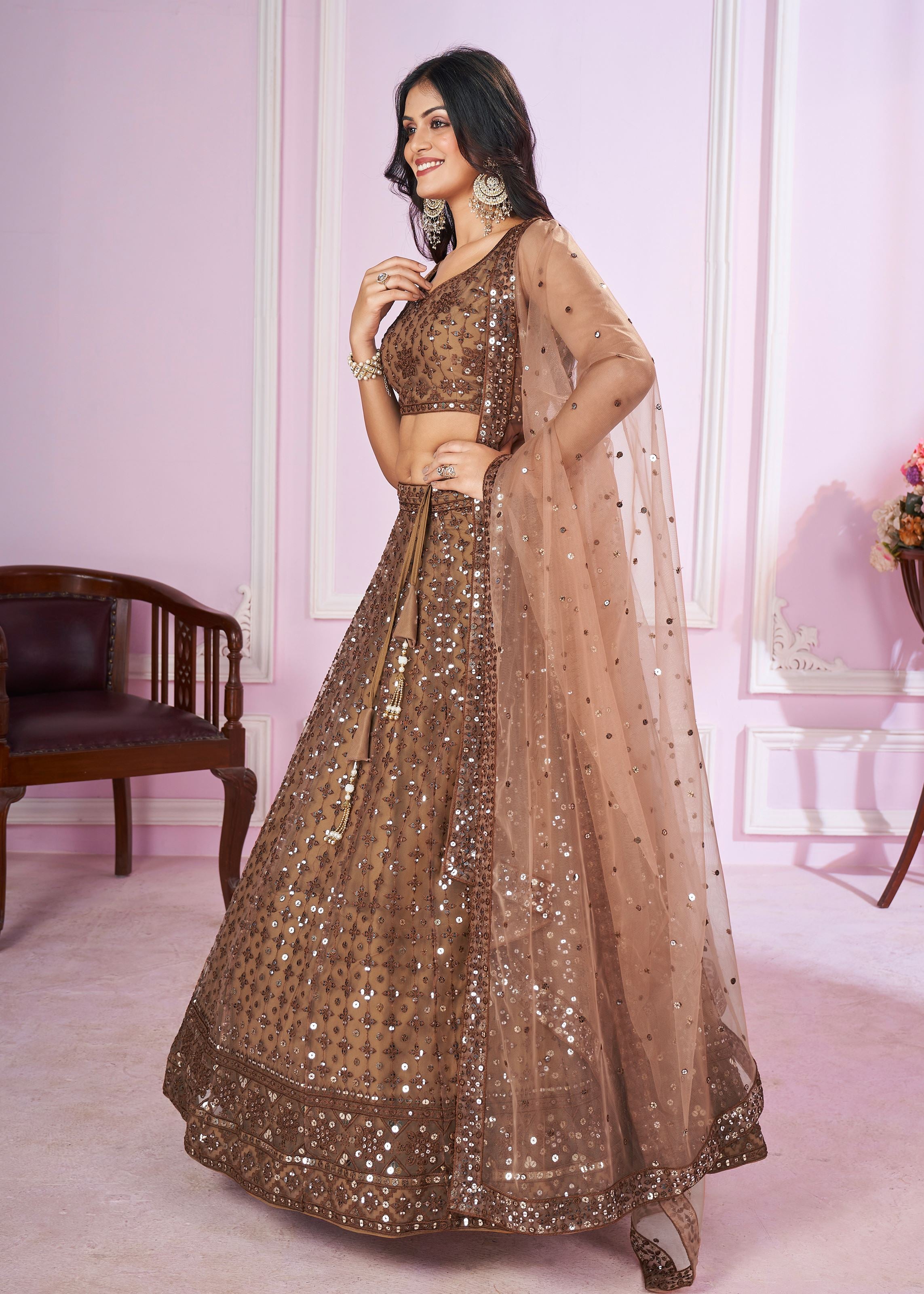 Brown Soft Net Lehenga Choli With Sequins, Thread Embroidery Work