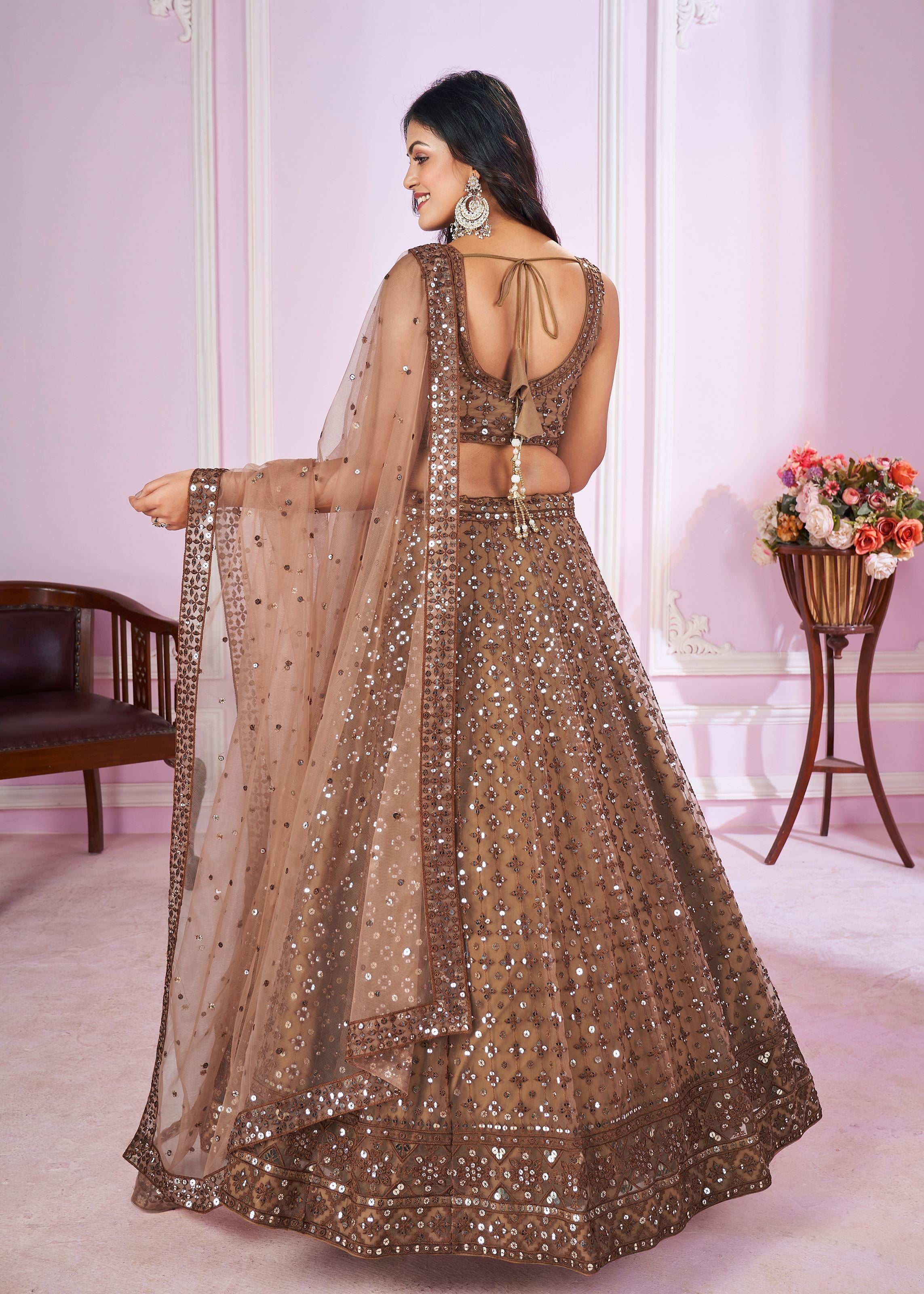 Brown Soft Net Lehenga Choli With Sequins, Thread Embroidery Work