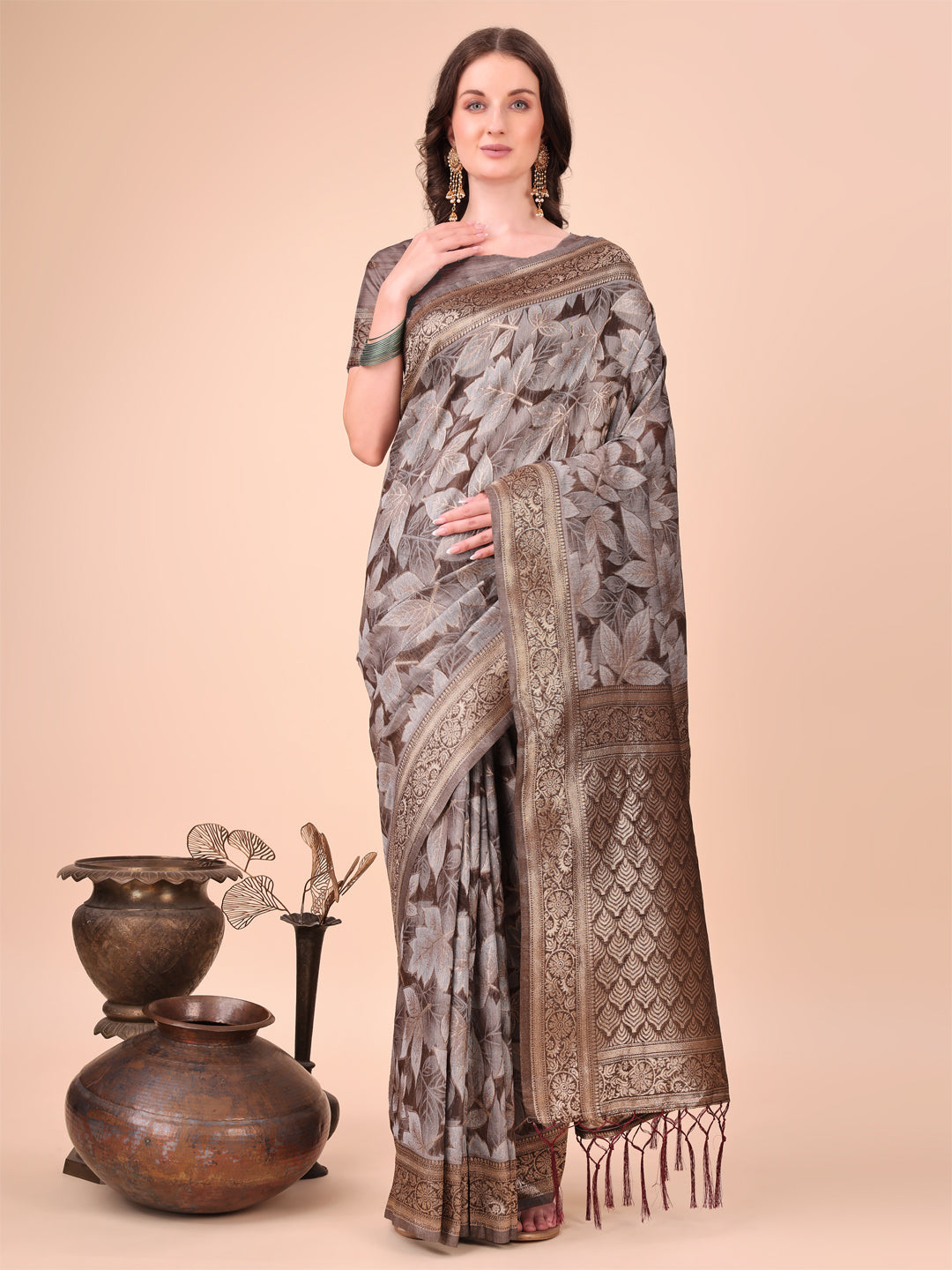 Brown Woven Jacquard Designer With Floral Printed Cotton Ceremonial Saree