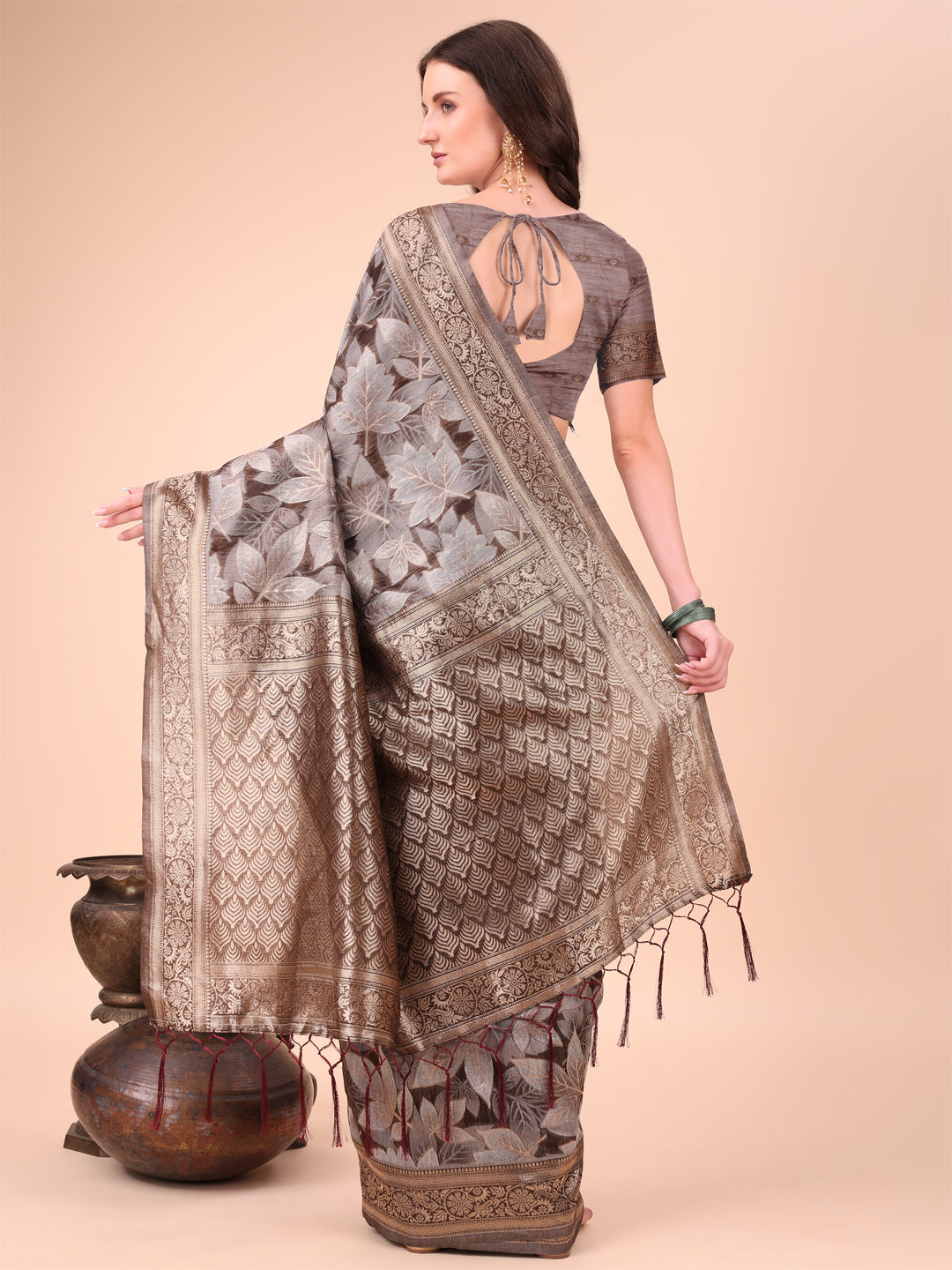 Brown Woven Jacquard Designer With Floral Printed Cotton Ceremonial Saree
