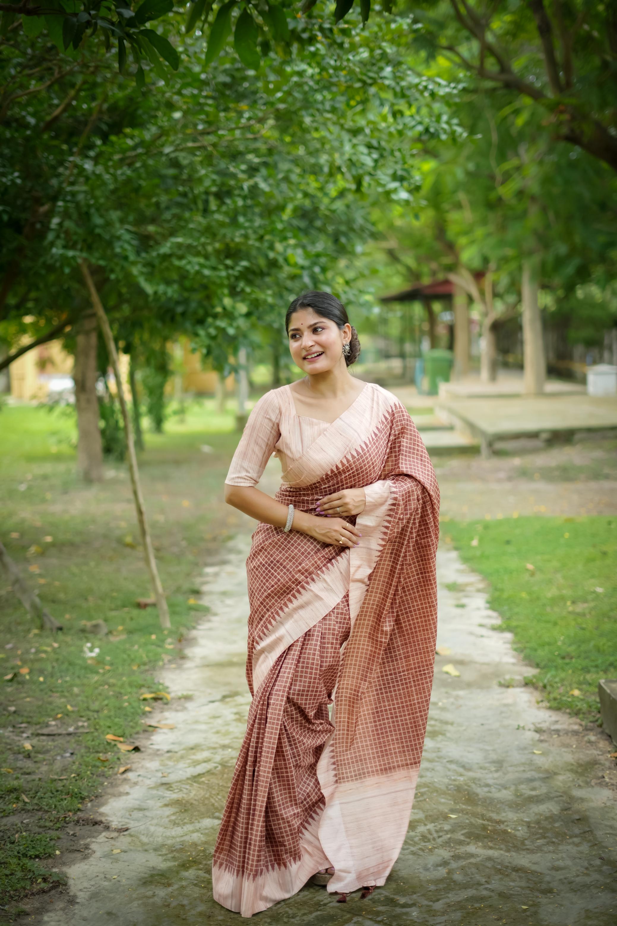 Brown Woven Kantha Designer Tussar Silk Saree With Printed Design
