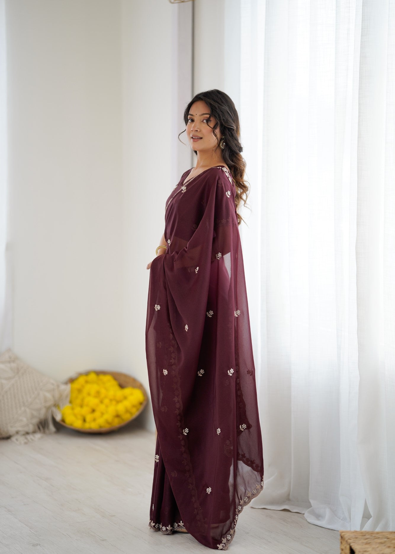 Burgundy Star Georgette Saree With Embroidery And Moti Work With Blouse