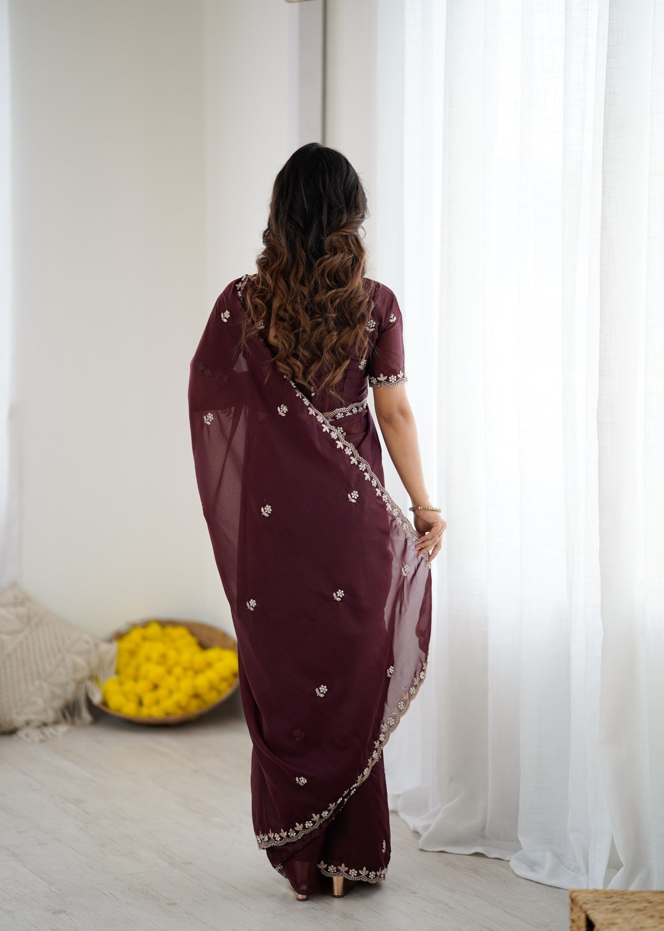 Burgundy Star Georgette Saree With Embroidery And Moti Work With Blouse