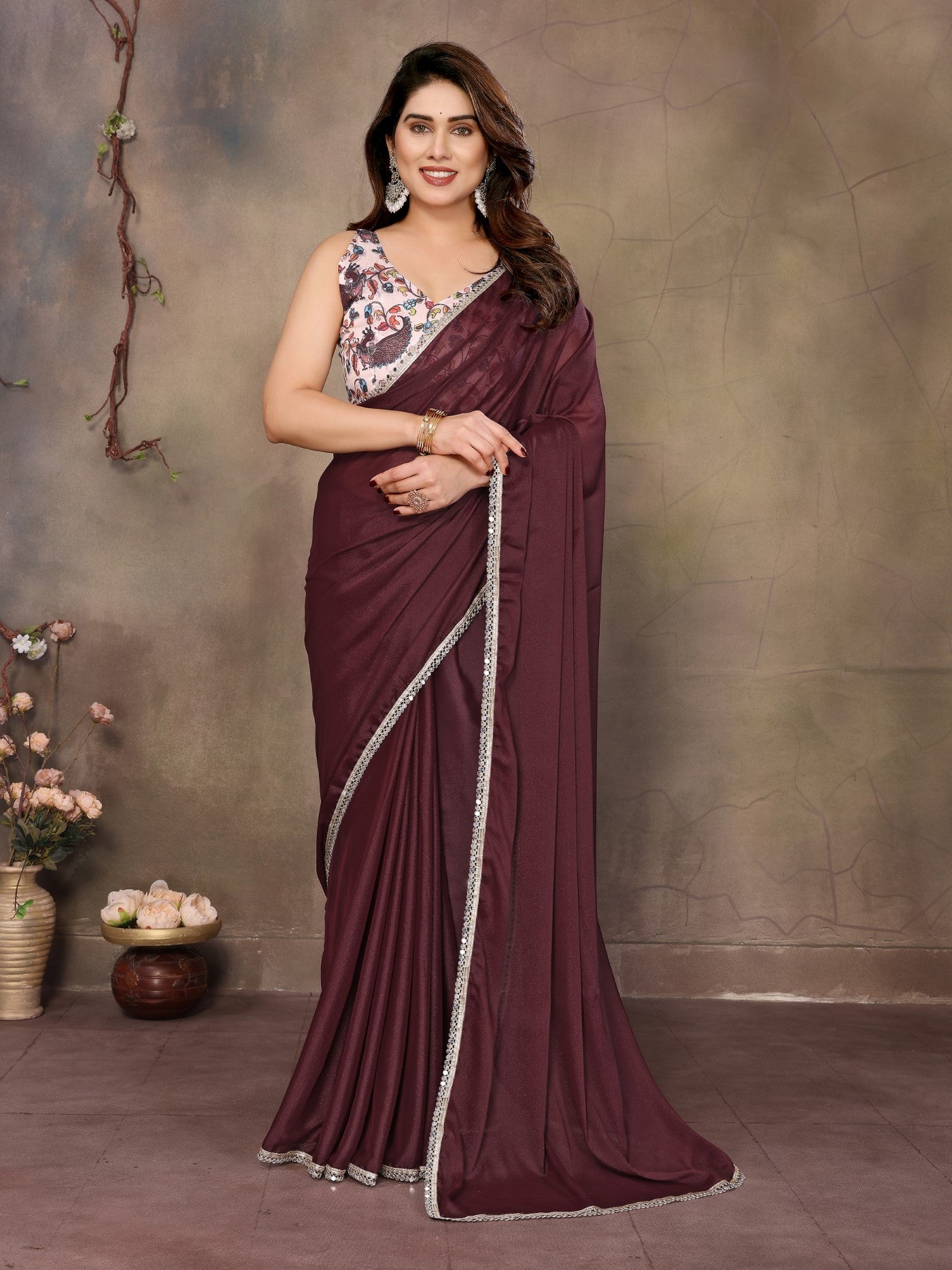 Burgundy Star Georgette Saree With Mirror Border Design