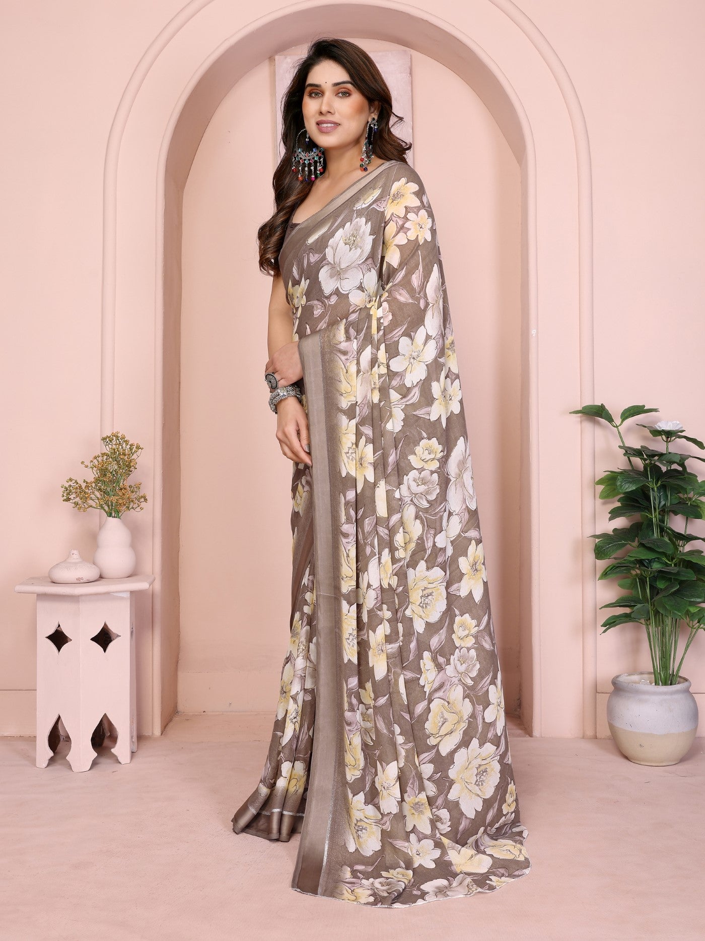 Camel Bright Moss Satin Patta Saree With Printed Design