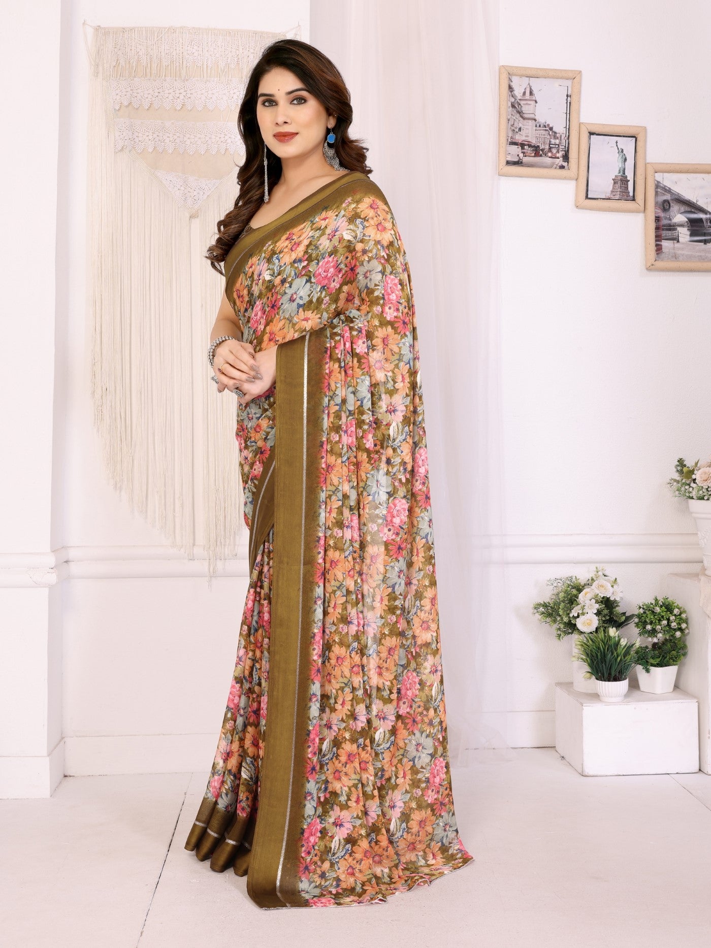 Camel Bright Moss Satin Patta Saree With Printed Design