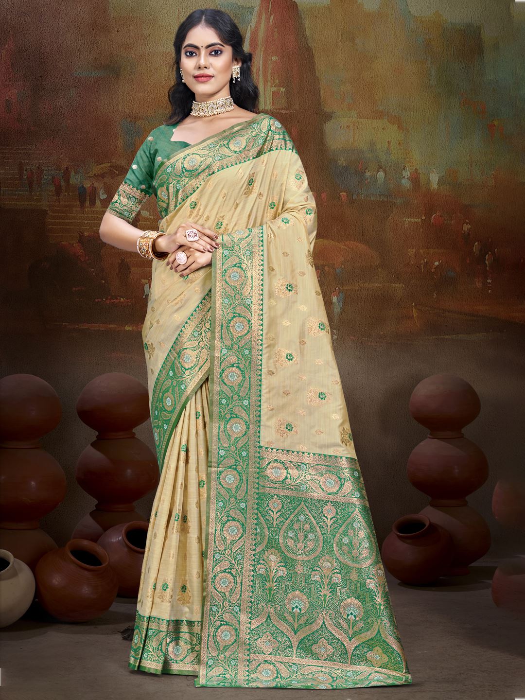 Champagne Beige and Enchanted Green Silk Saree