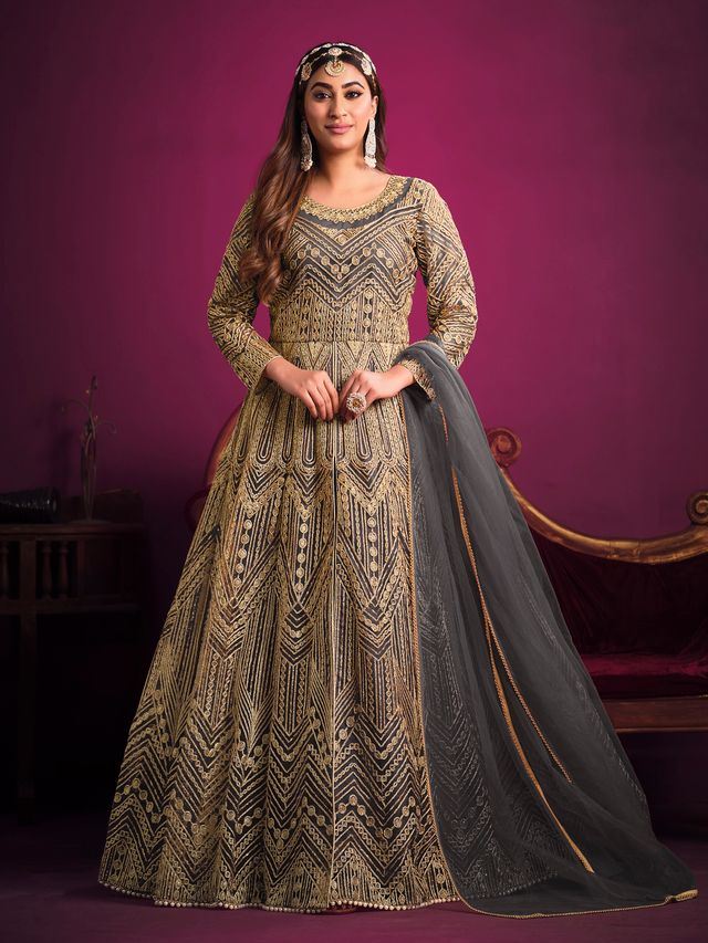Charcoal Net Heavy Thread Embroidery, Zari With Sequins Work  Anarkali Suits
