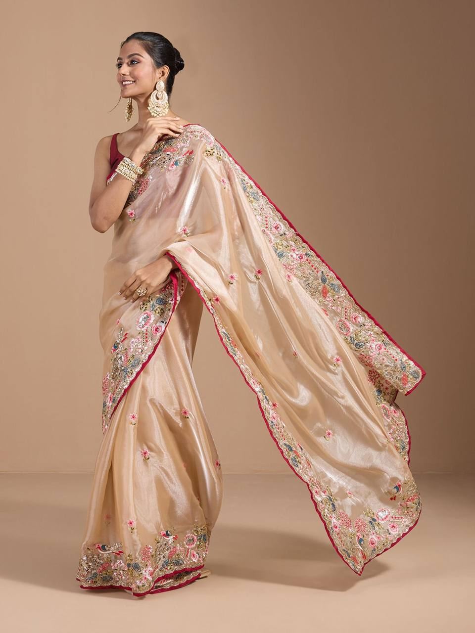 Chiku Colour Organza Silk Heavy Work Saree