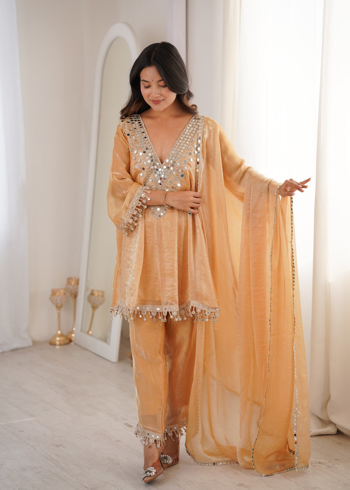 Chiku Fendy Designer Suit Set With Mirror Work & Embroidered Lace
