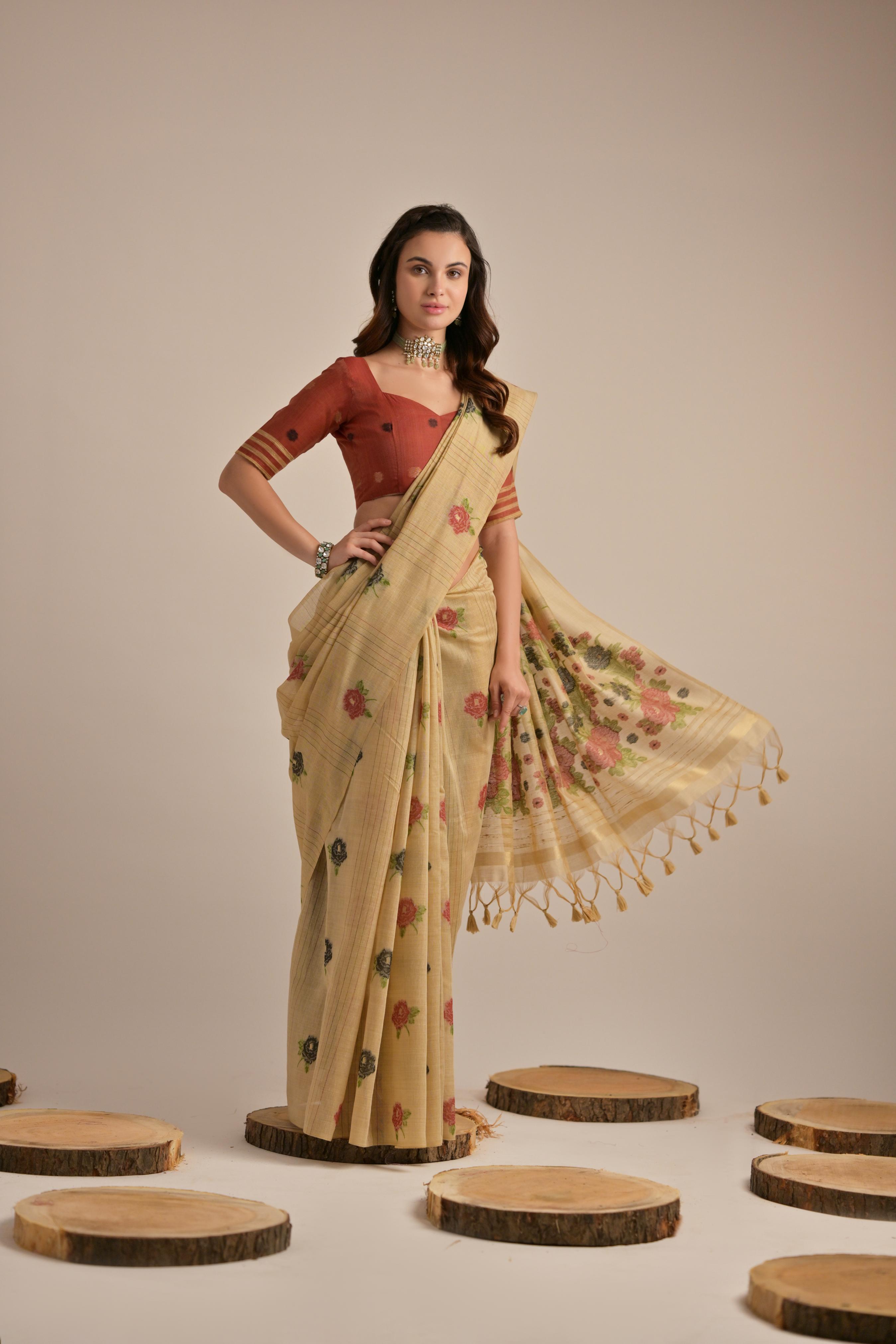 Chiku Muga Cotton Saree with Thread Woven Flower Design