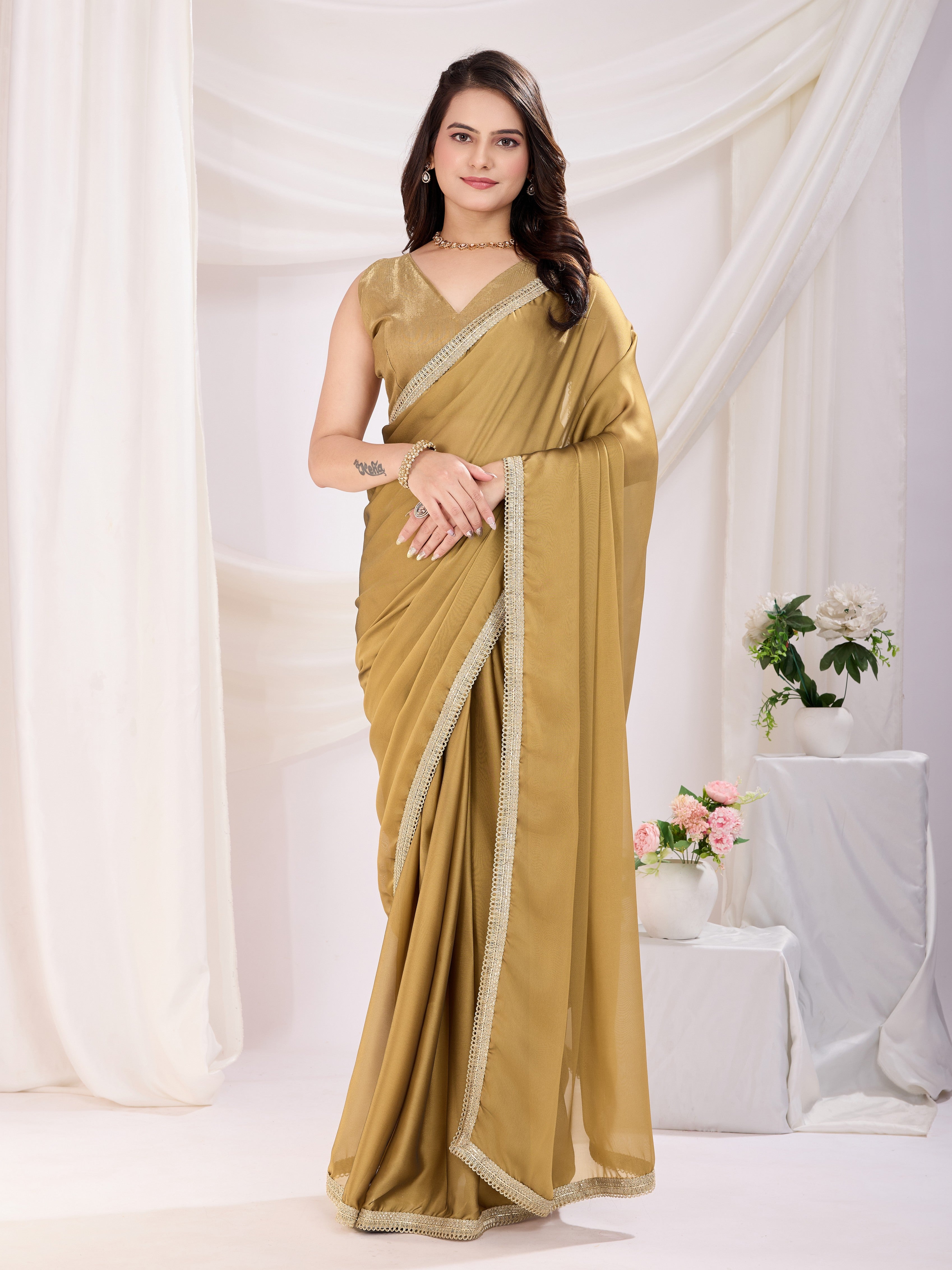 Chiku Rangoli Silk Pre Stitched Solid Printed Saree With Lace Border