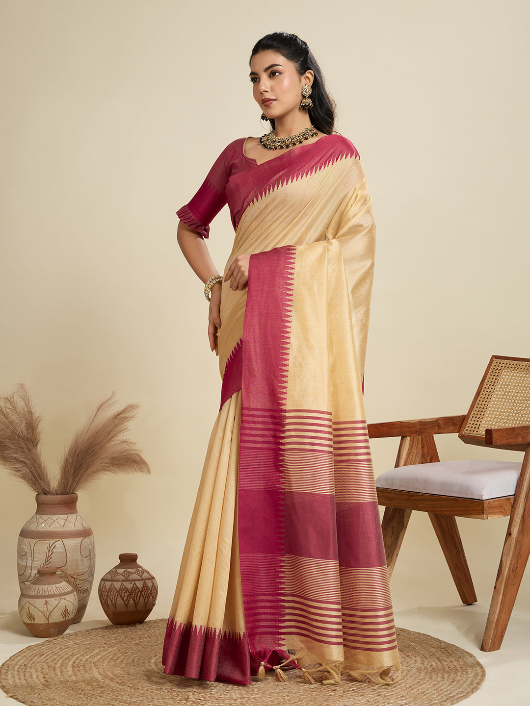 Chiku Raw Silk Saree with Temple Border and Striped Pallu