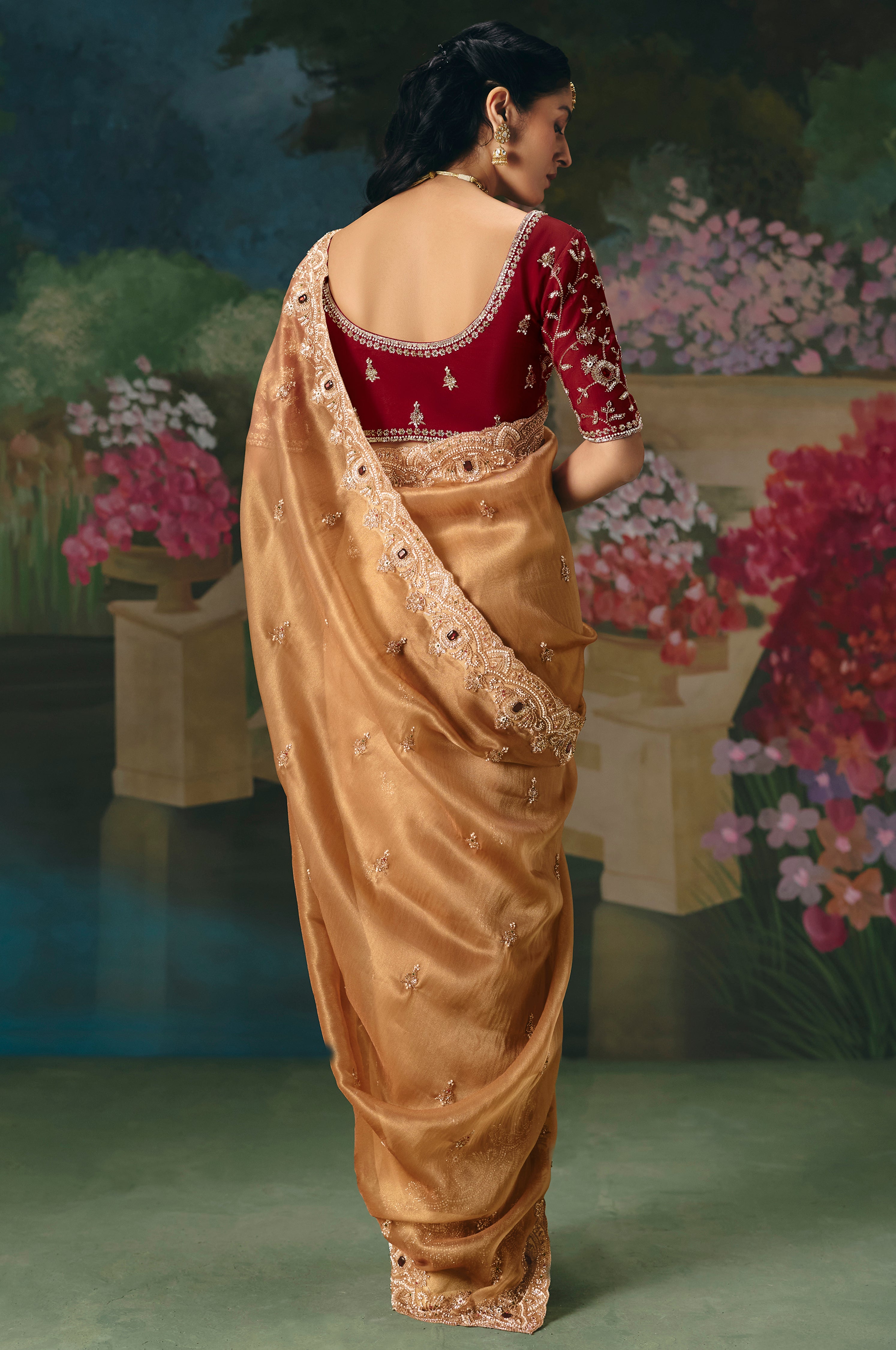 Chiku Saree With  Heavy Designer Embroidery, Sequince, Stone, With Beads Work