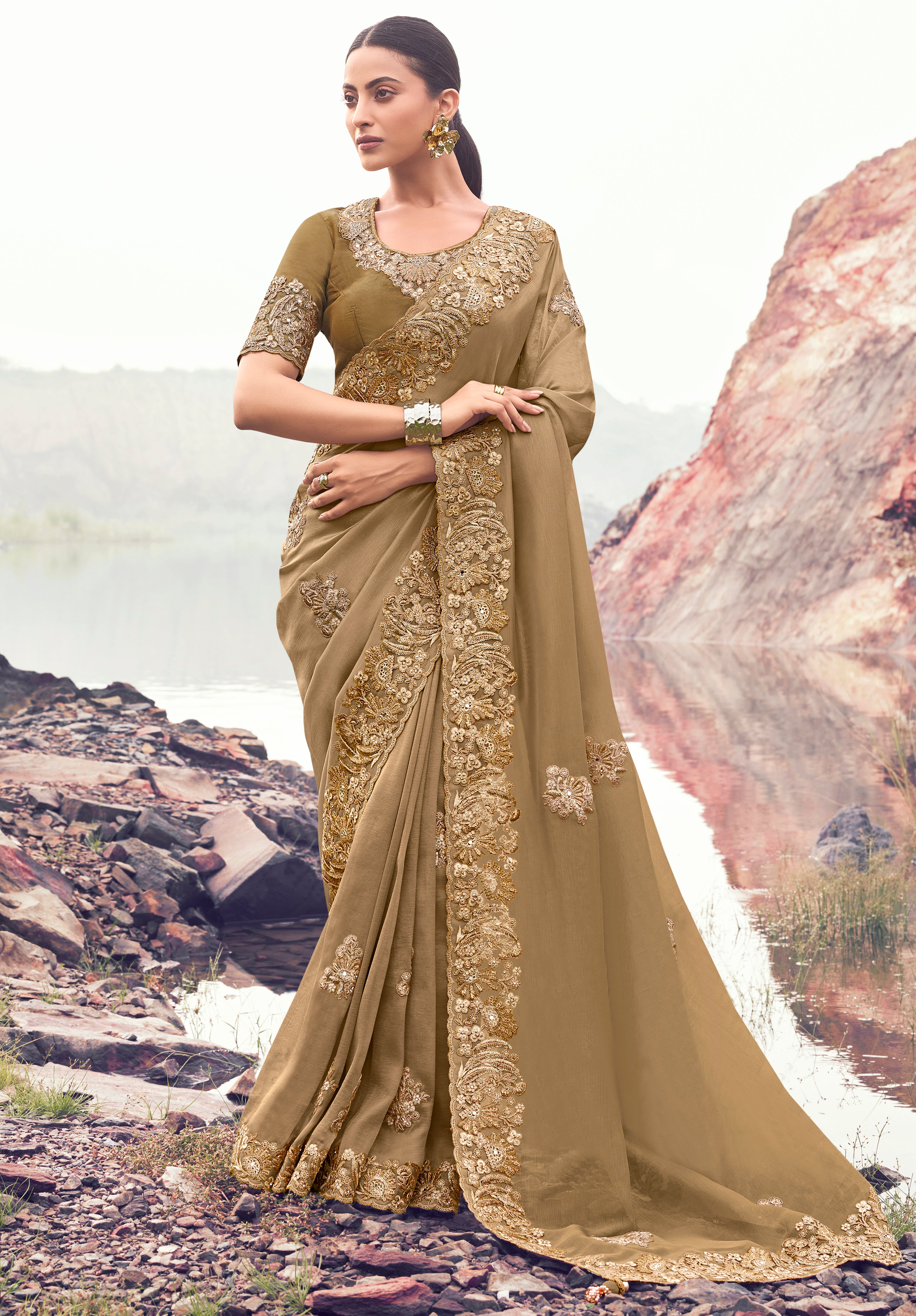 Chiku Saree With  Heavy Thread Embroidered With Sequins Work