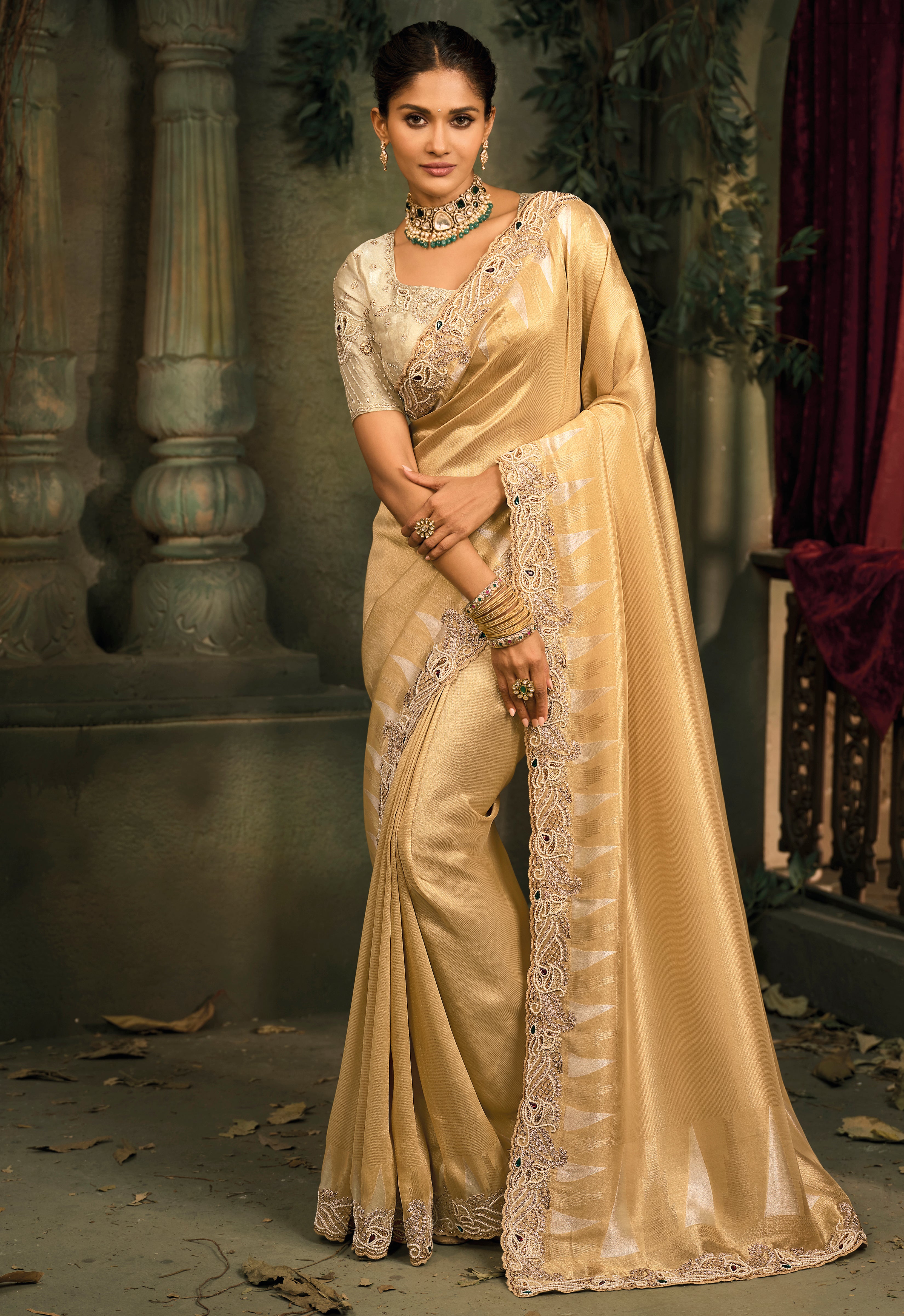 Chiku Saree With  Jari, Cut-Dana, Moti With Mirror Heavy Work