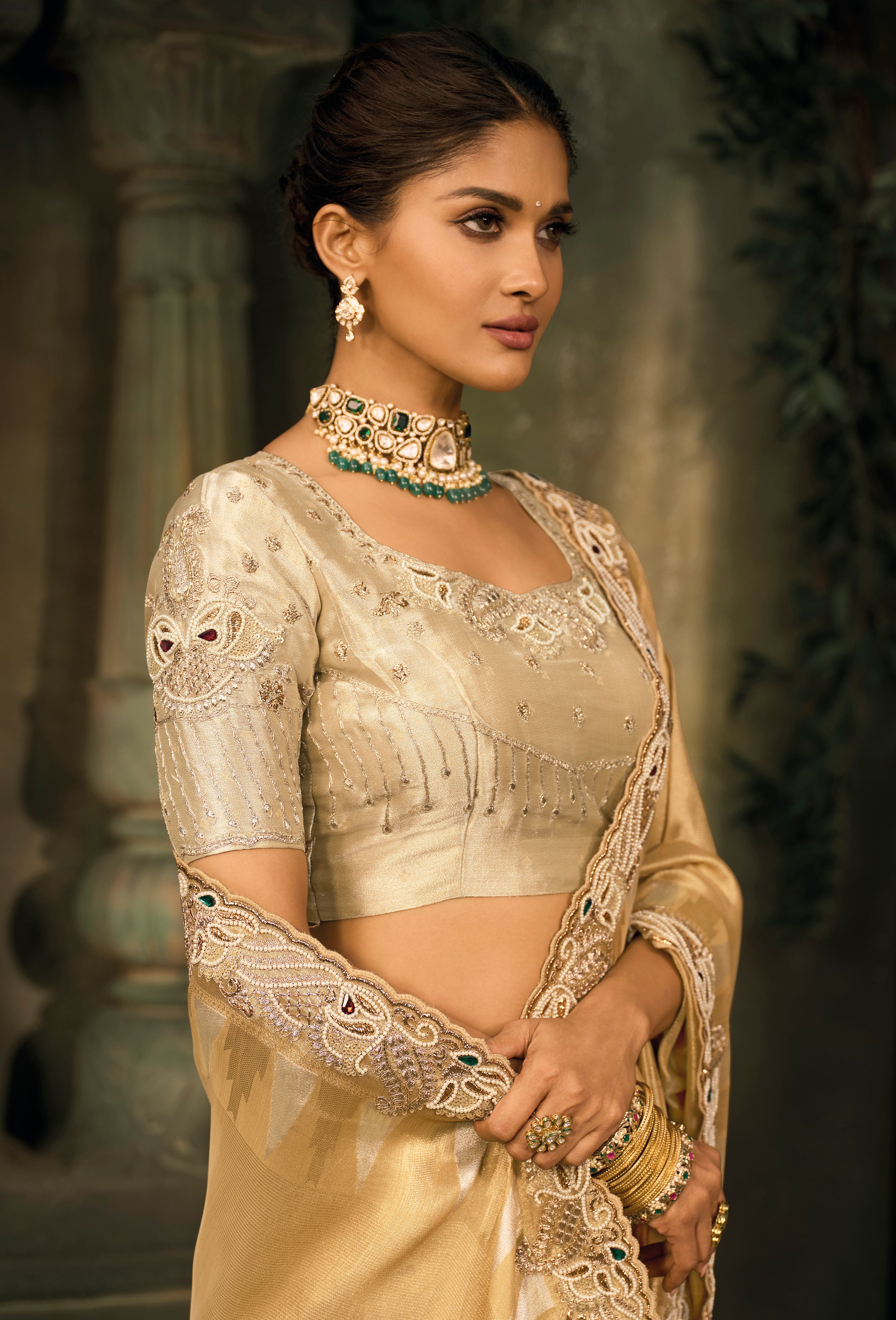 Chiku Saree With  Jari, Cut-Dana, Moti With Mirror Heavy Work