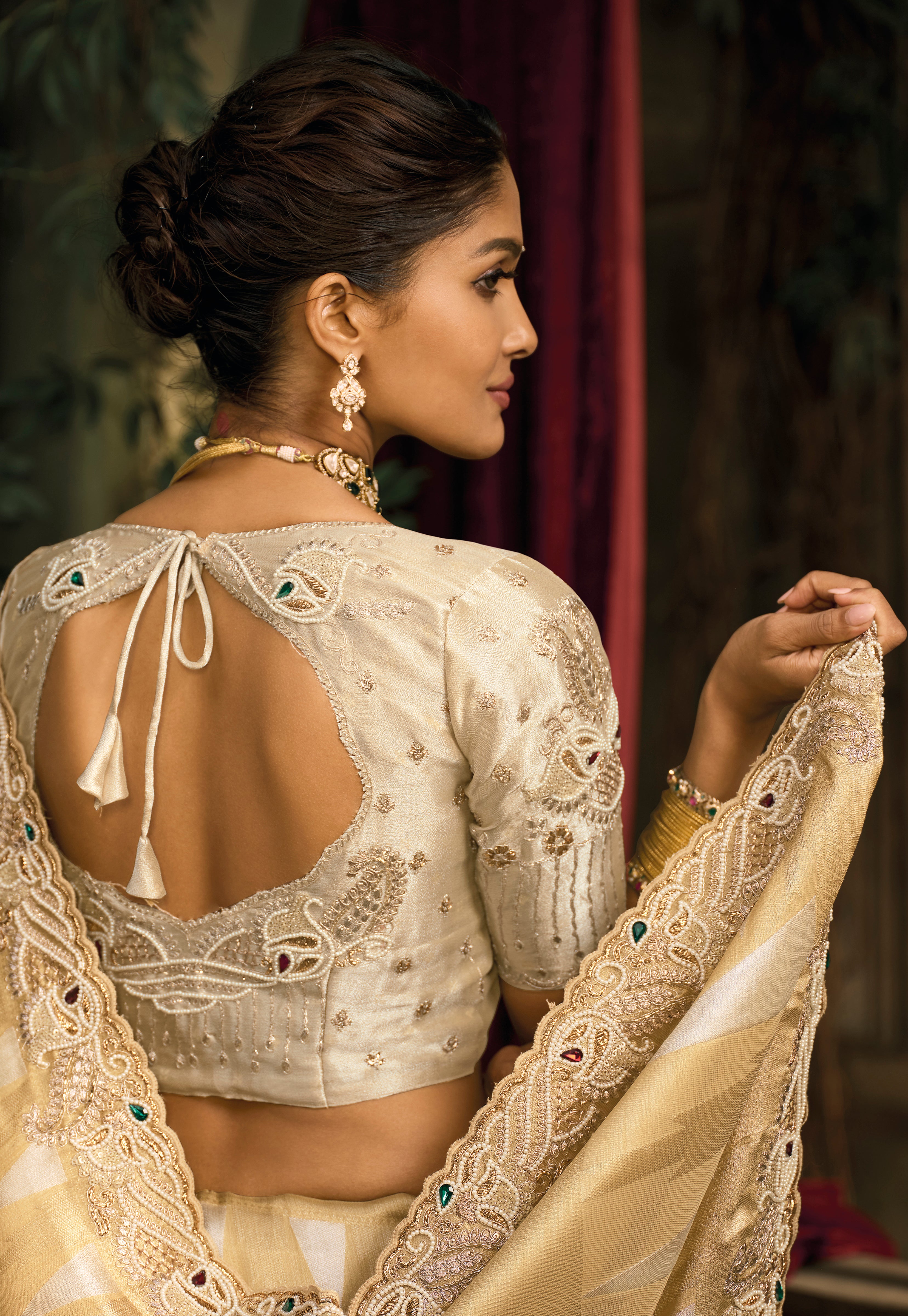 Chiku Saree With  Jari, Cut-Dana, Moti With Mirror Heavy Work