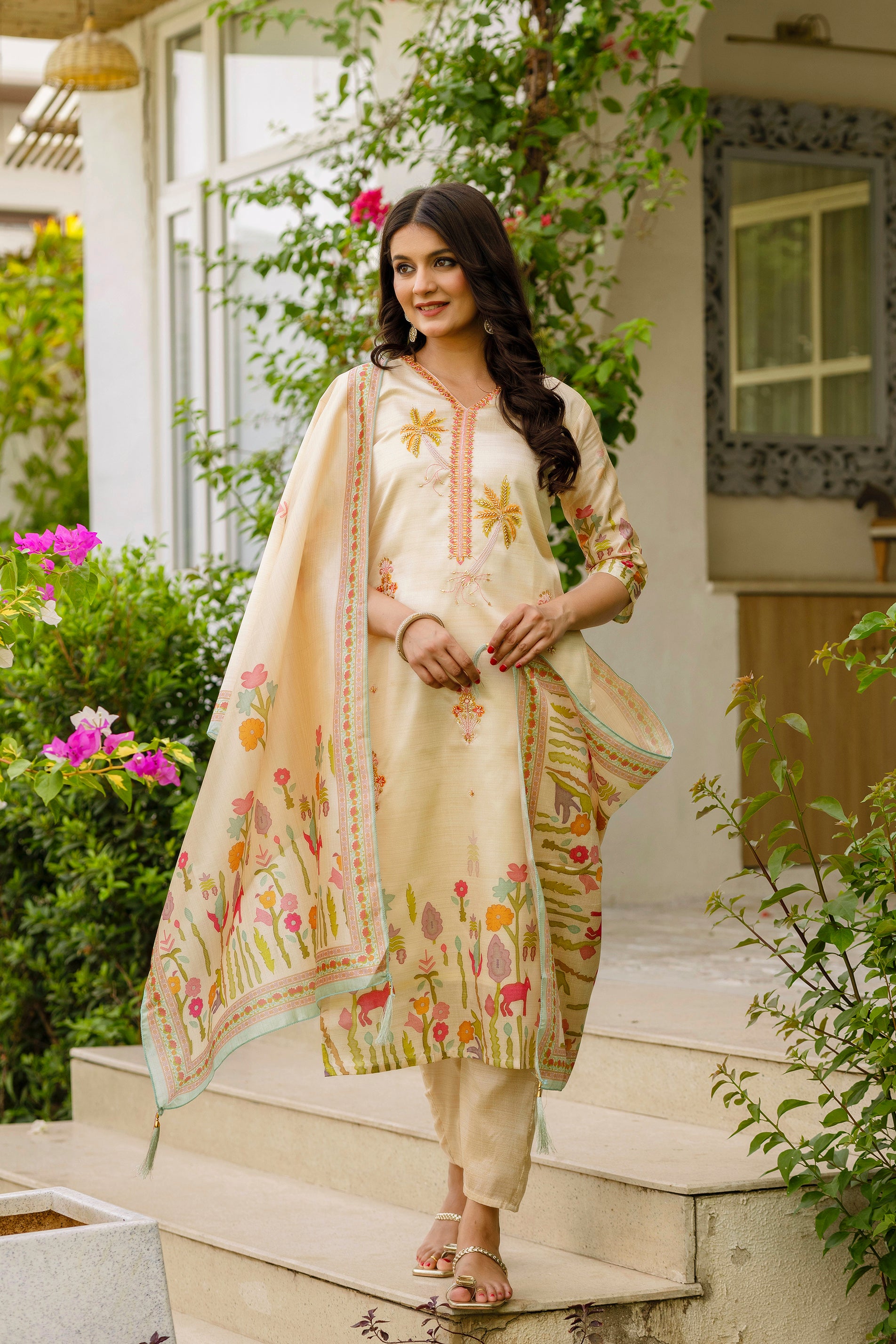 Chiku Viscose Assam Silk Elegant Kurta Pant Set With Embroidery Work