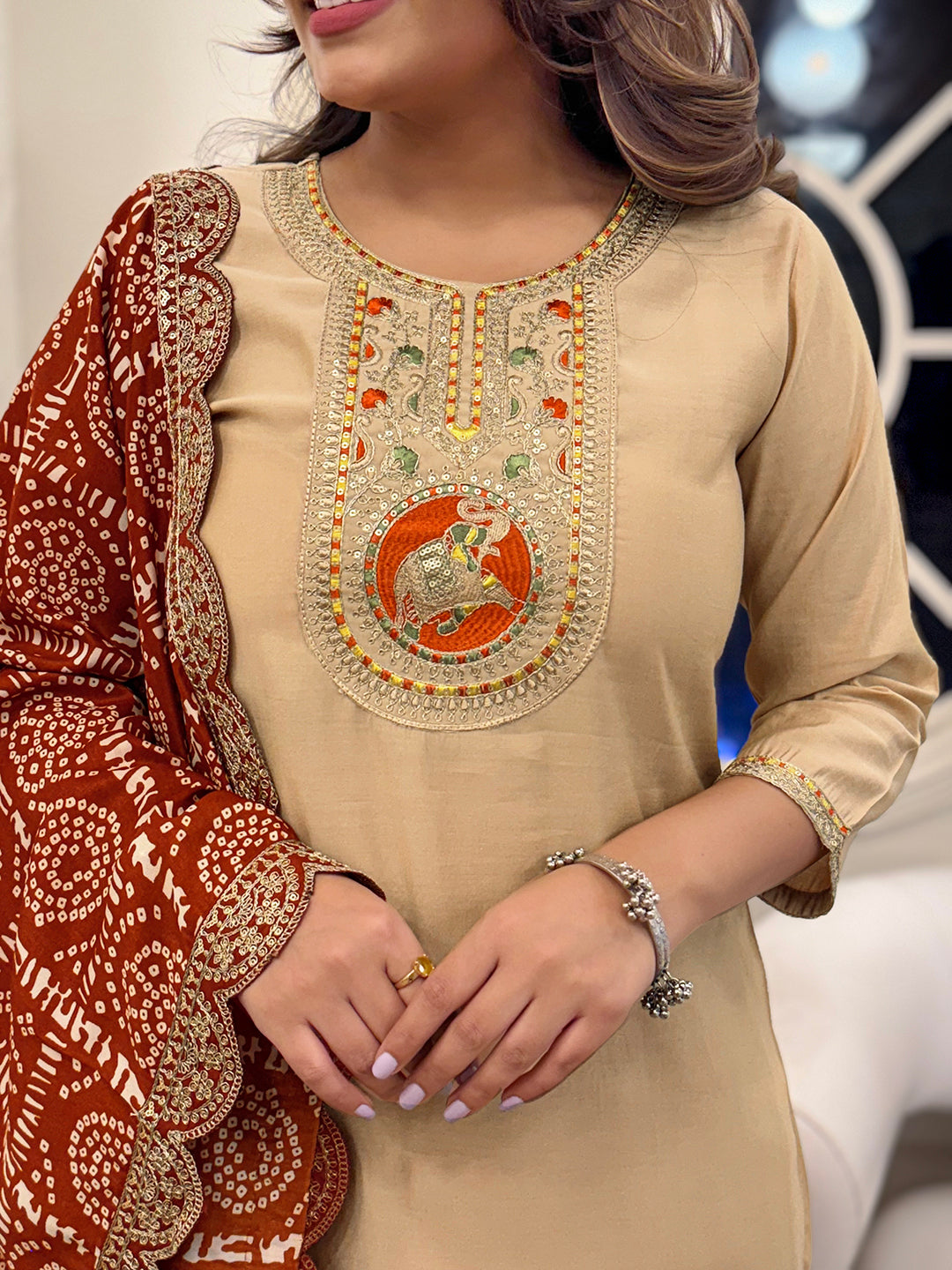Chiku Viscose Elegant Kurta Pant Set With Embroidery Work