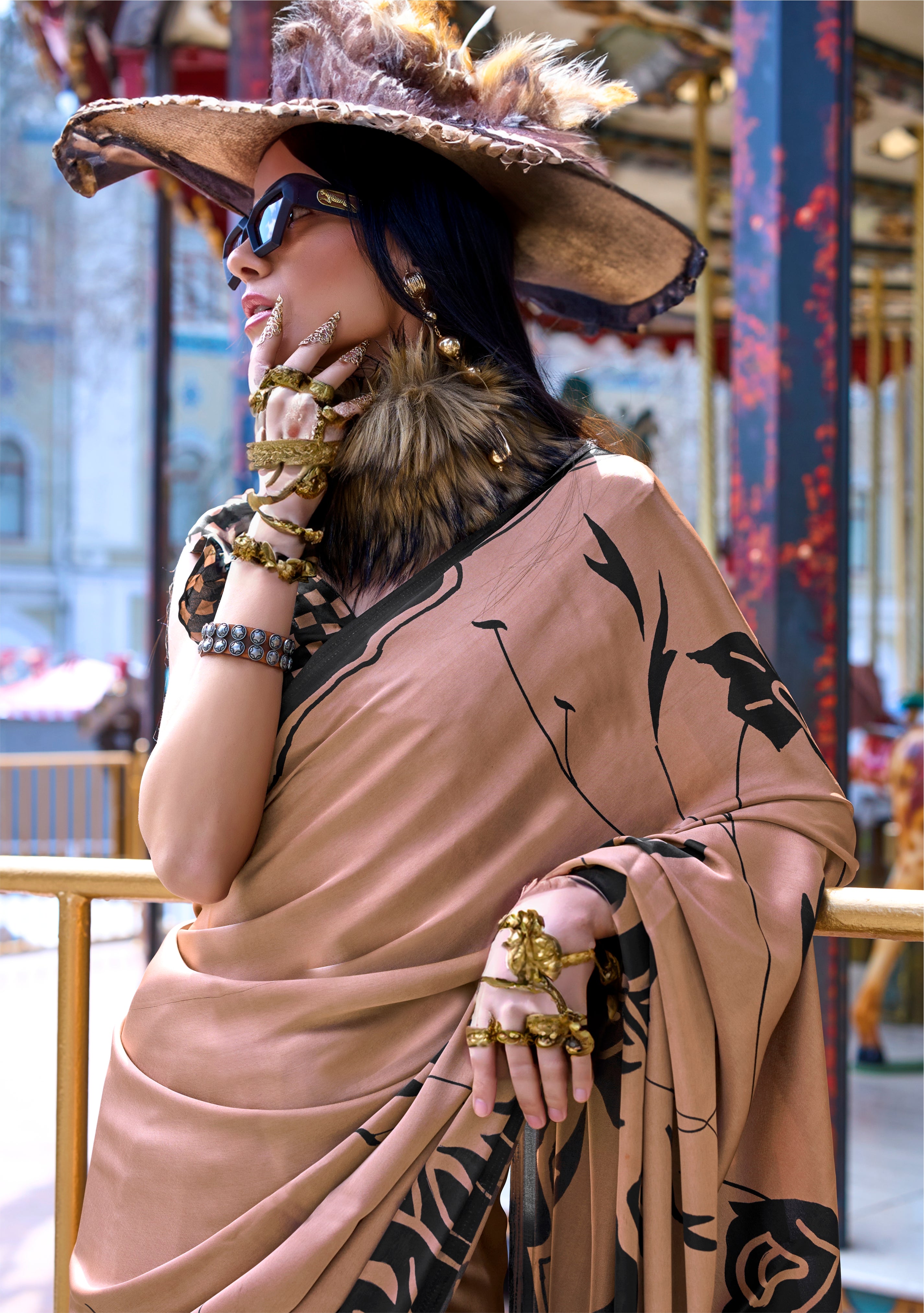 Chocolate Satin Saree With  Digital Print