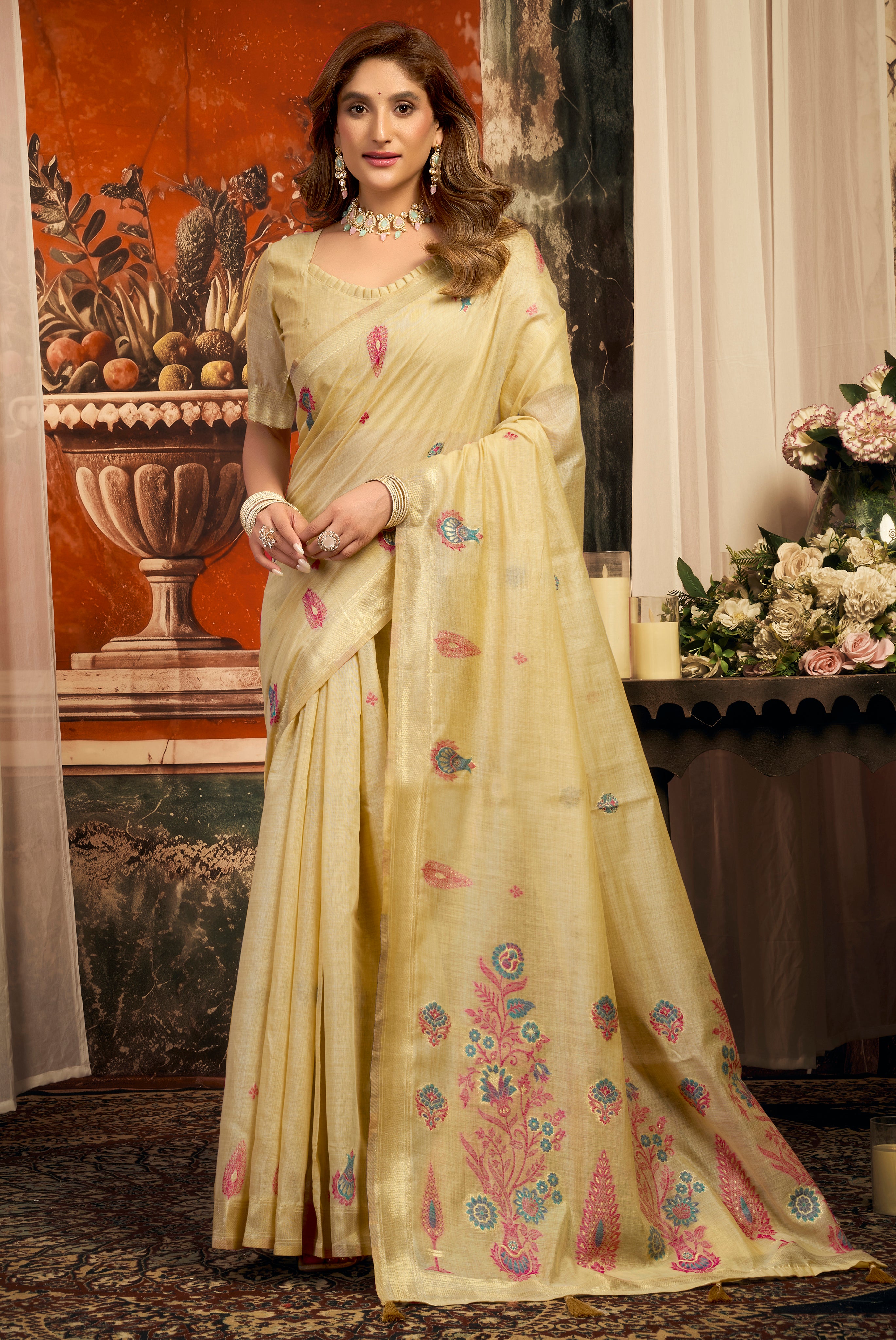 Classic Cream Cotton Saree with Rich Zari Border Tassel Work