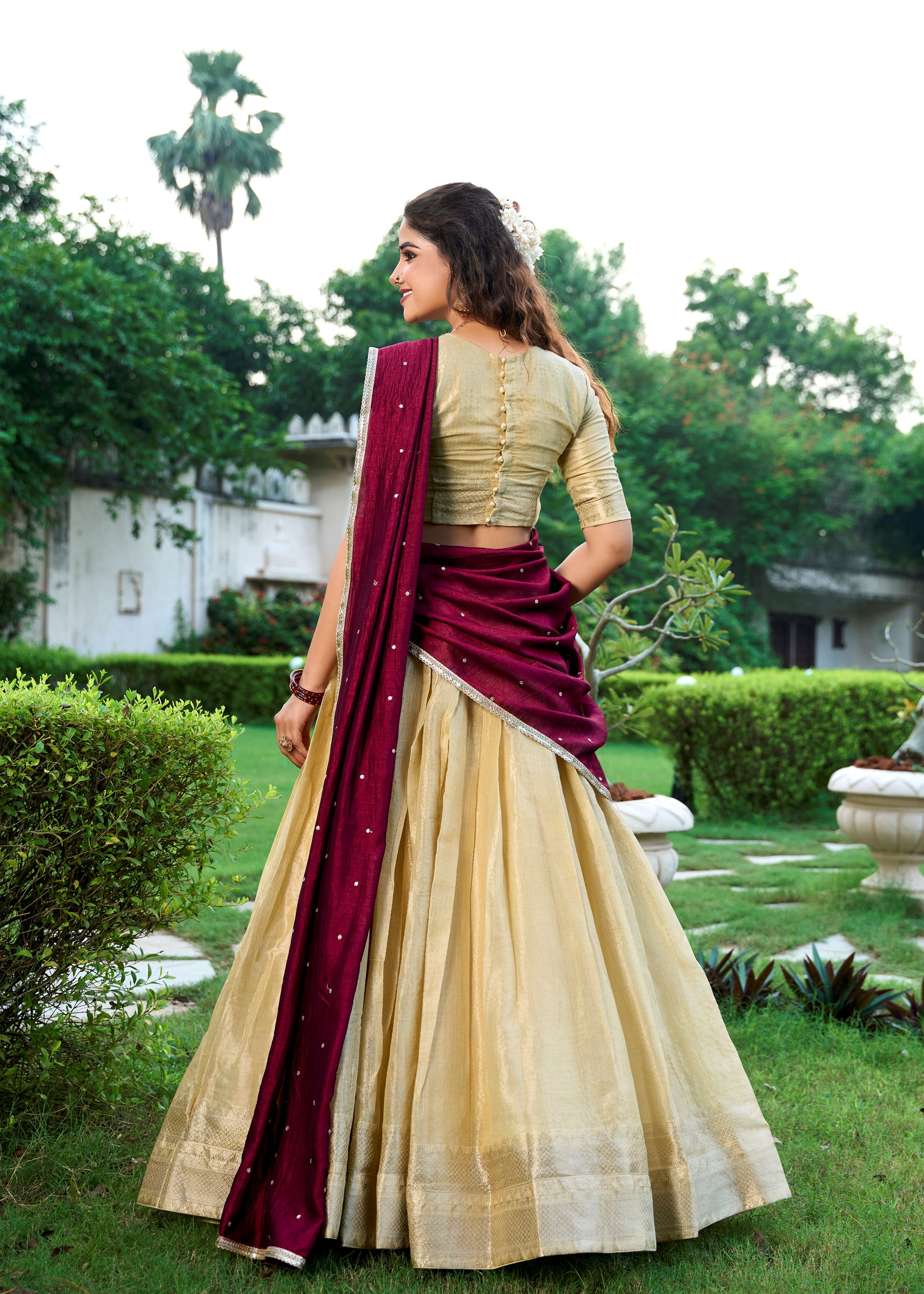 Classic Cream Elegance With A Touch Of Tradition  Kanchipuram Lehenga