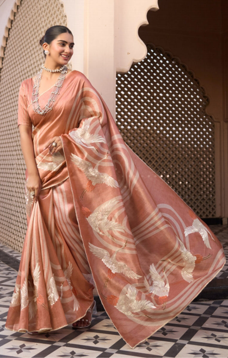 Classic Peach Pure Tussar Silk Saree with Elegant Prints