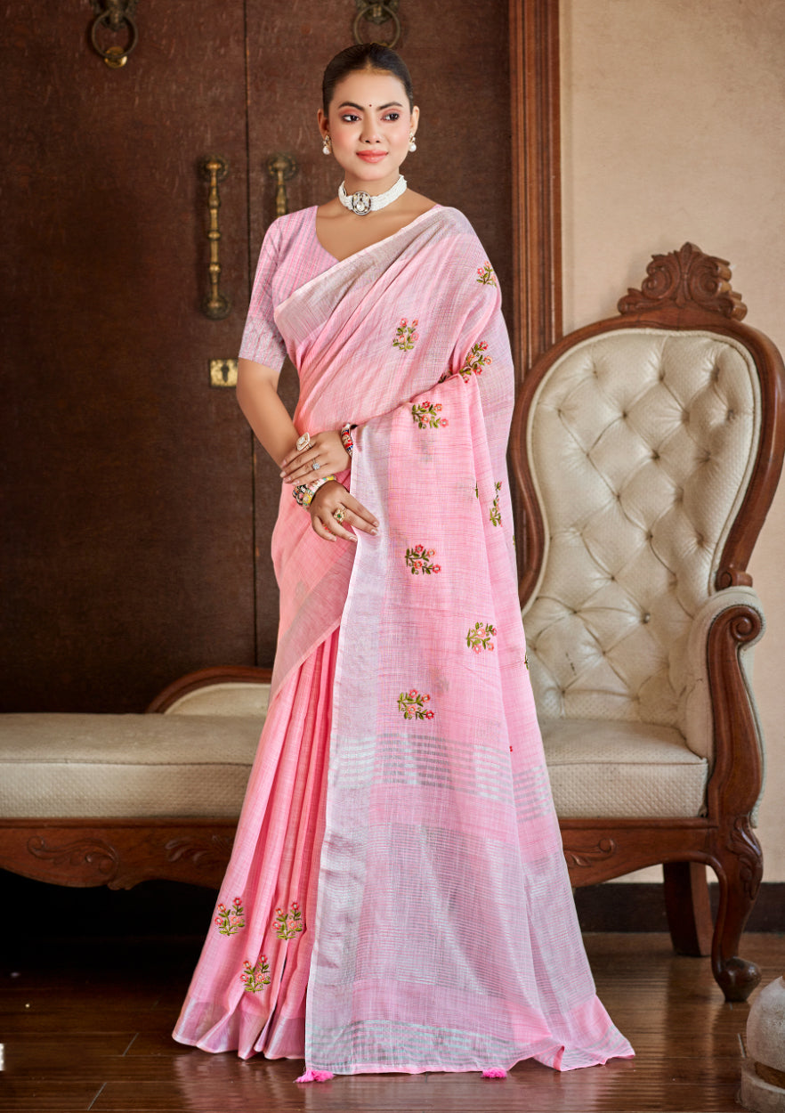 Classic Pink Linen Festival Saree for Women