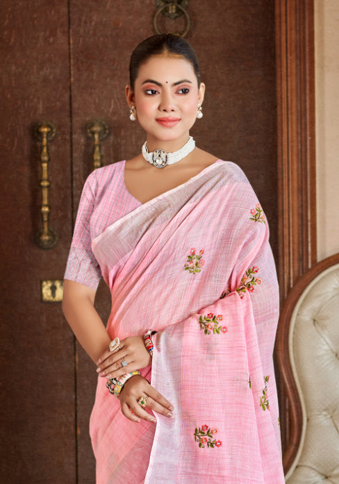Classic Pink Linen Festival Saree for Women