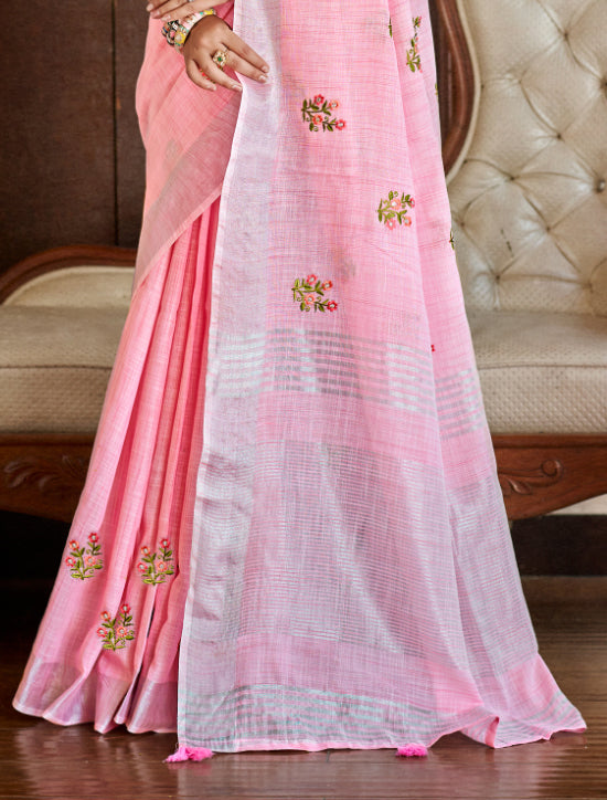 Classic Pink Linen Festival Saree for Women