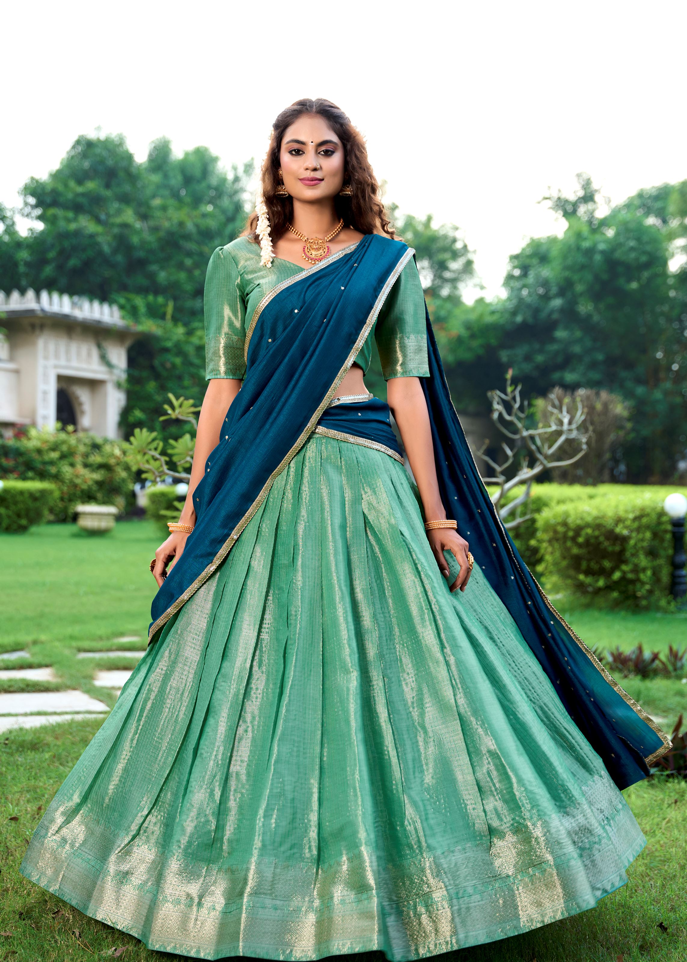 Classic Pista Elegance With A Touch Of Tradition  Kanchipuram Lehenga