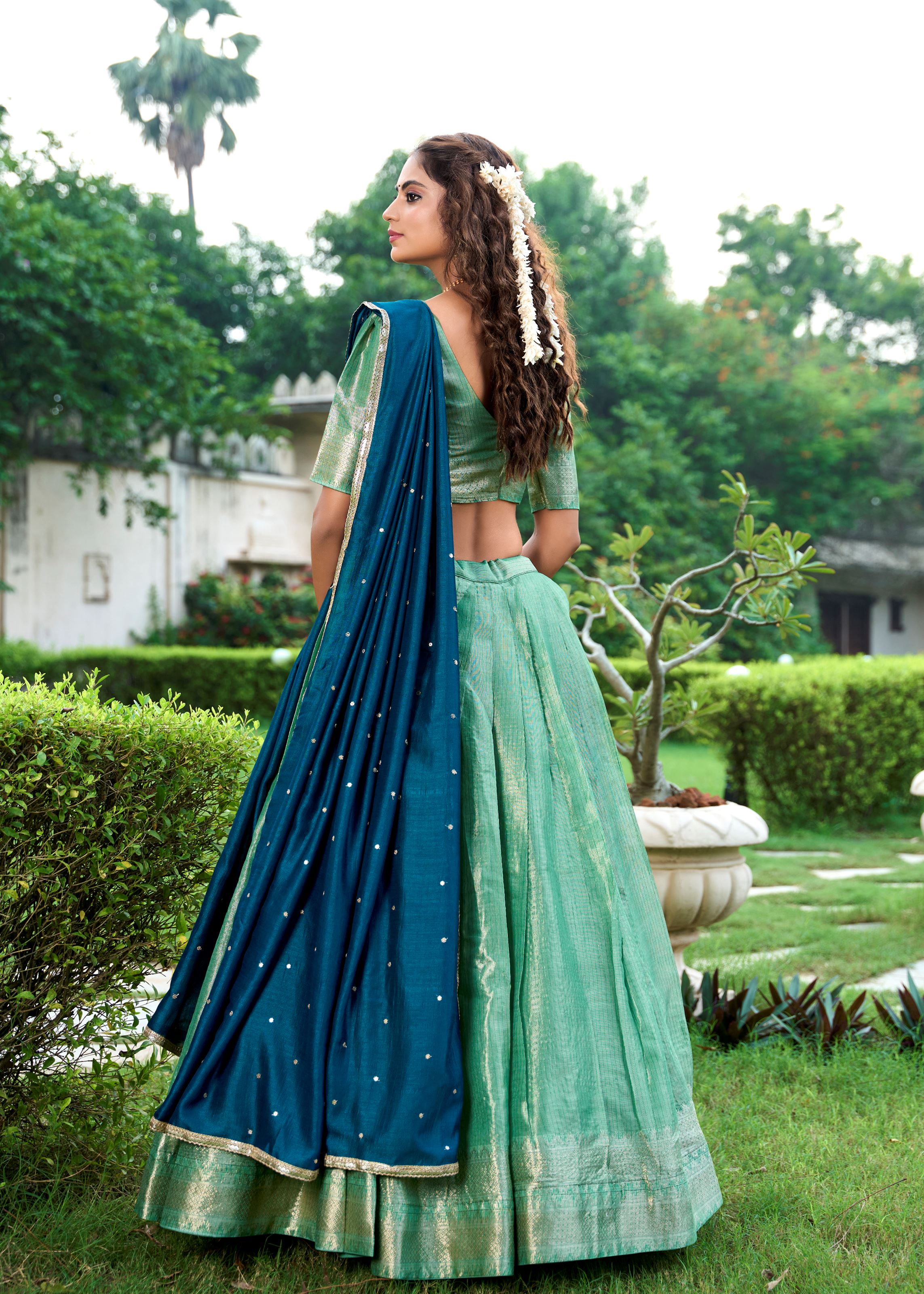 Classic Pista Elegance With A Touch Of Tradition  Kanchipuram Lehenga