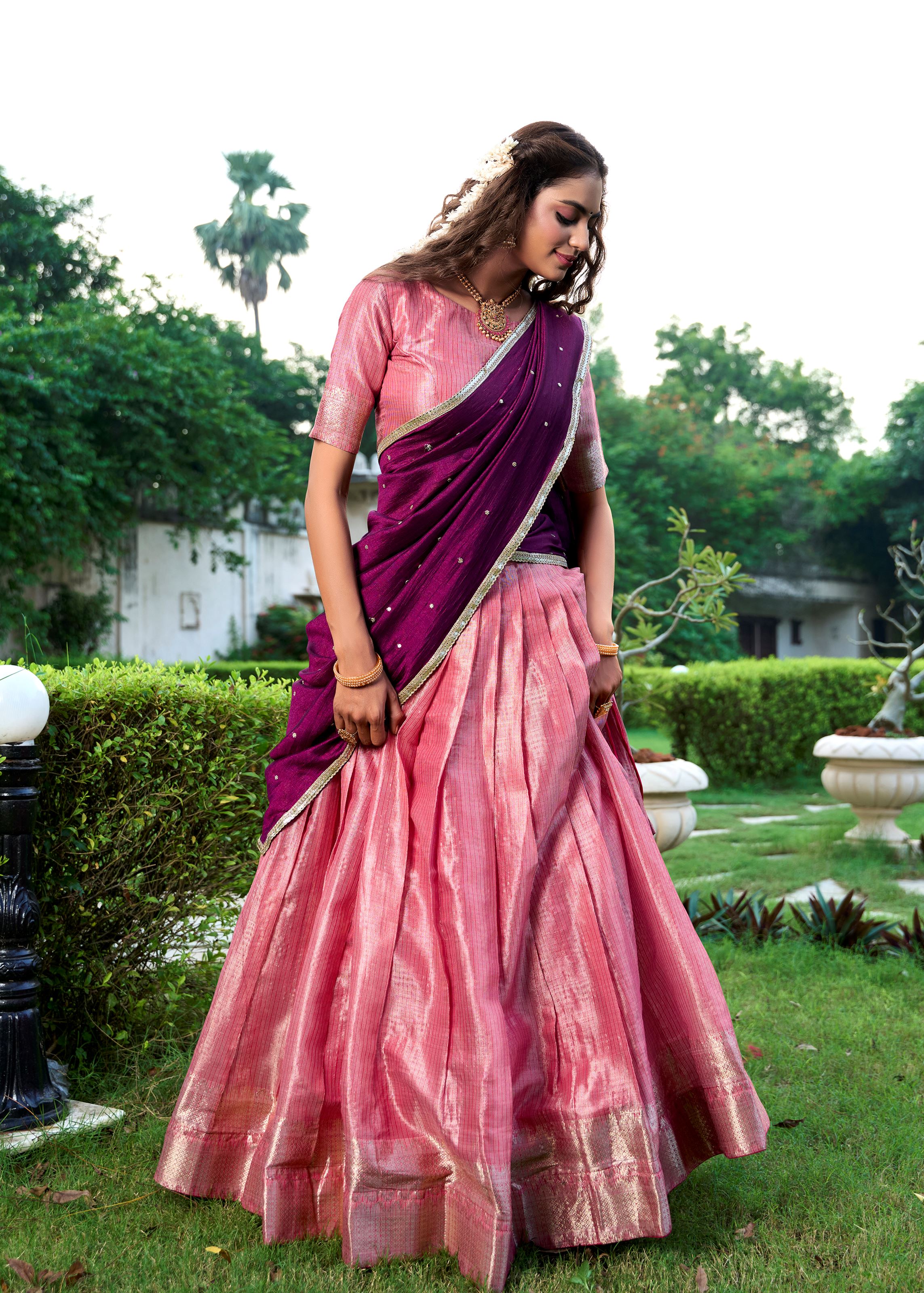 Classic Salmon Elegance With A Touch Of Tradition  Kanchipuram Lehenga