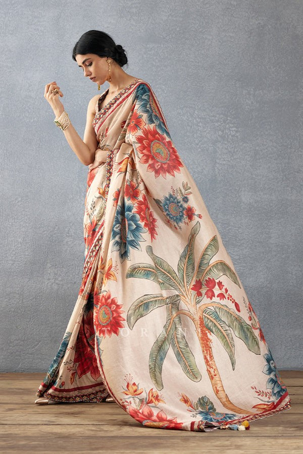 Coconut Bright Moss Saree With Printed