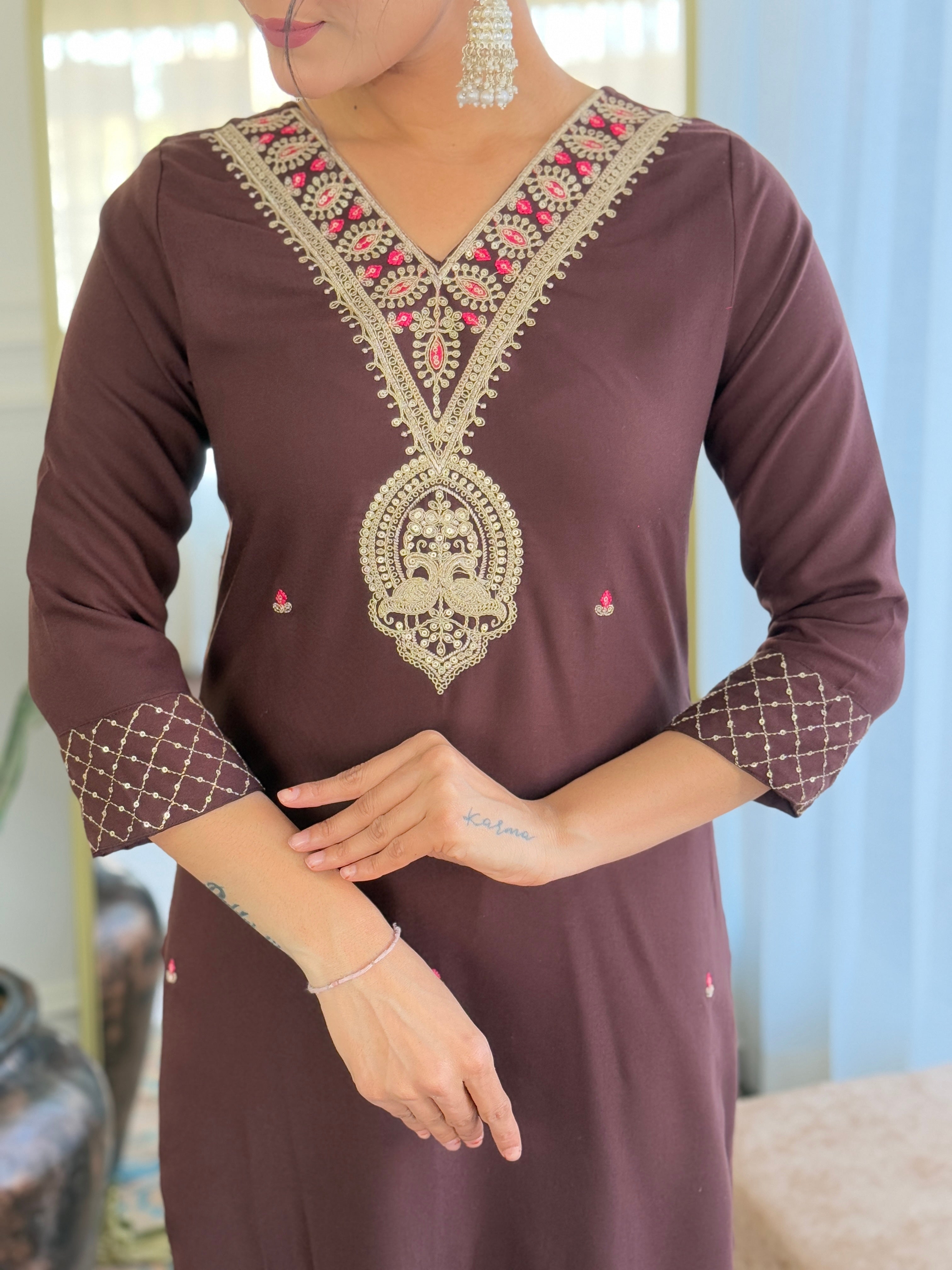 Coffee Rayon Slub Elegant Kurta Pant Set With Embroidery Work