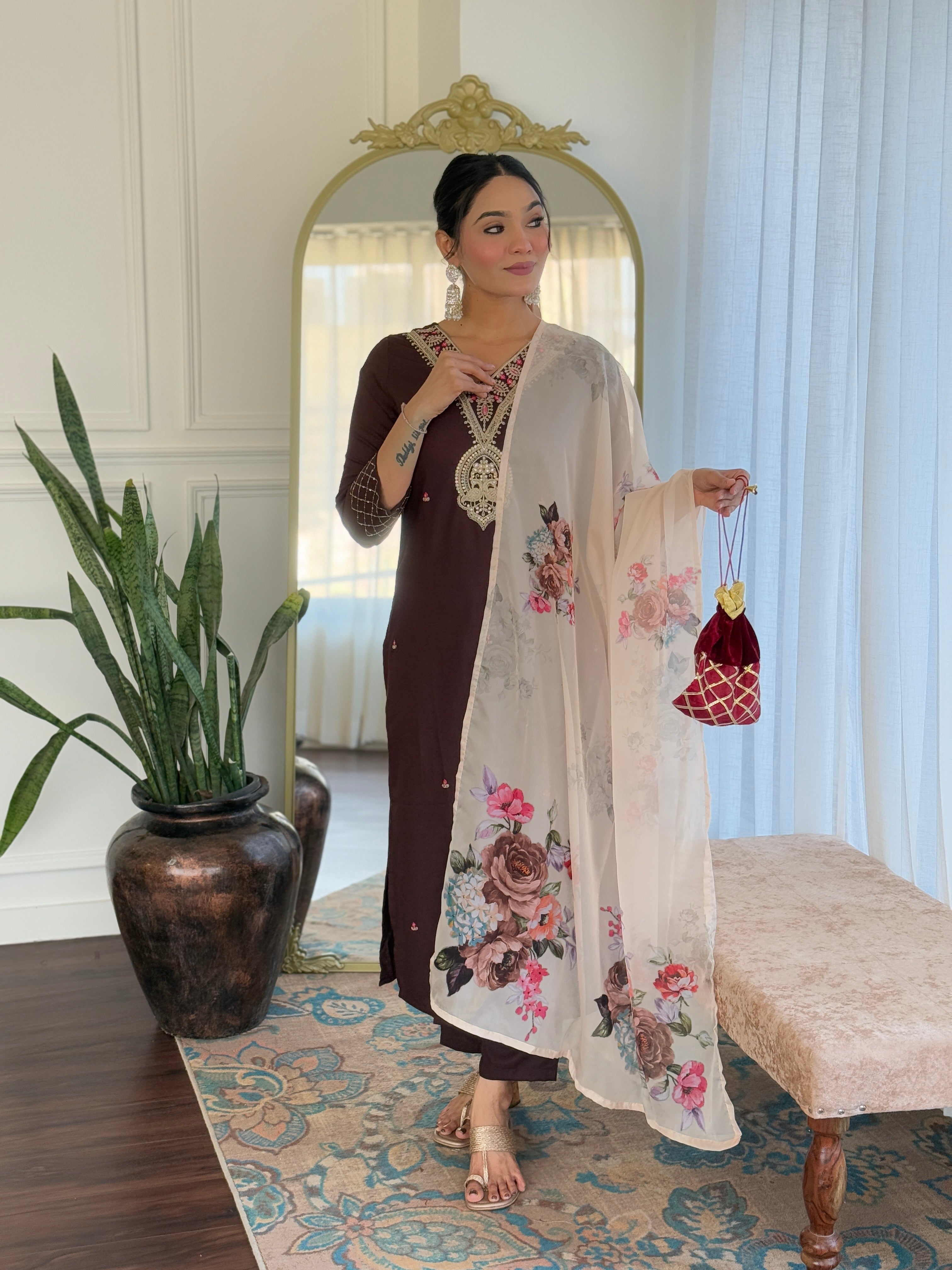 Coffee Rayon Slub Elegant Kurta Pant Set With Embroidery Work