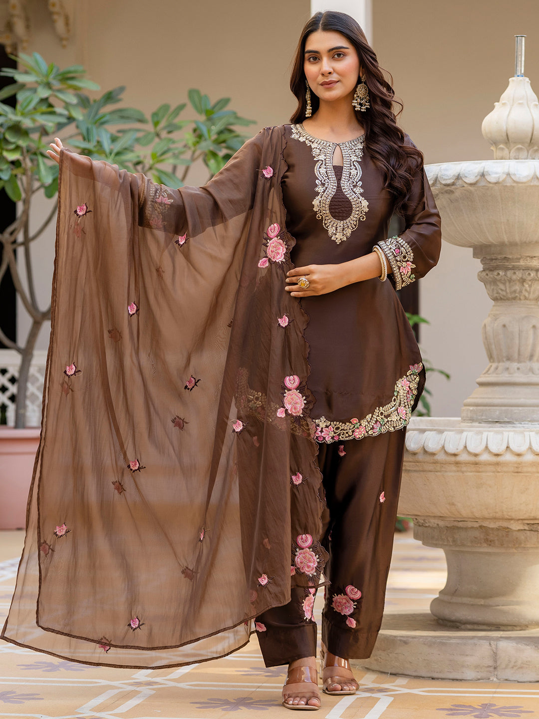 Coffee Satin Kurta Patiala Pant Set With Heavy Thread Embroidery Sequins Work