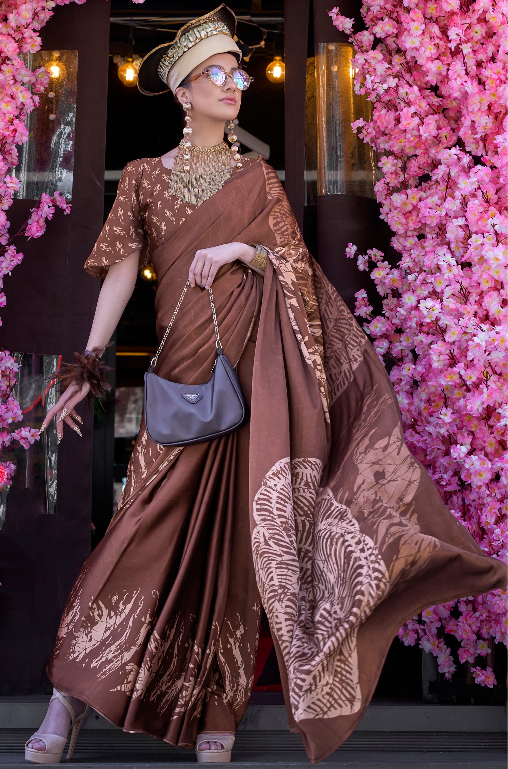 Coffee Satin Saree With  Digital Print