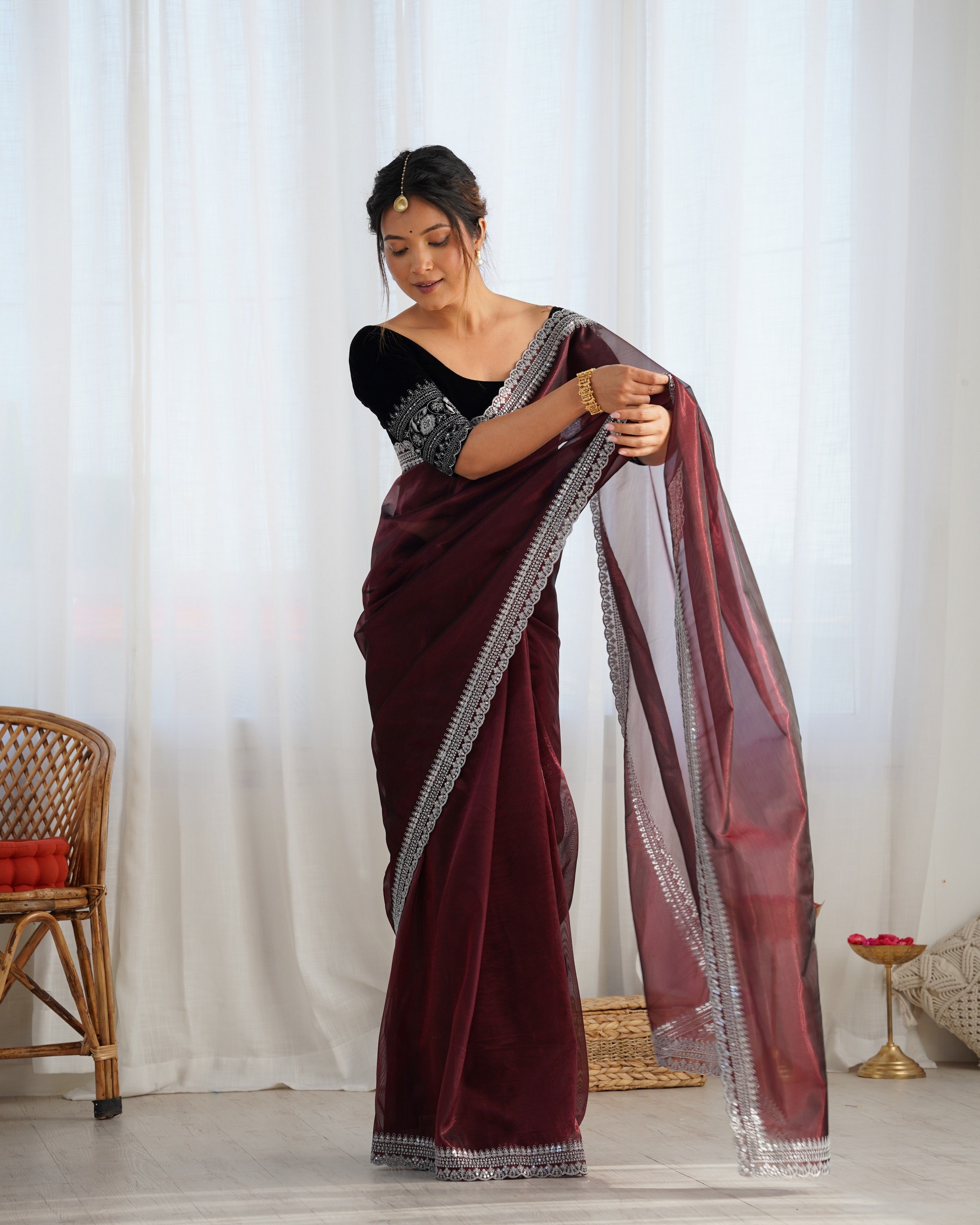 Coffee Twill Net Glamorous Bollywood Style Sequins Work Saree
