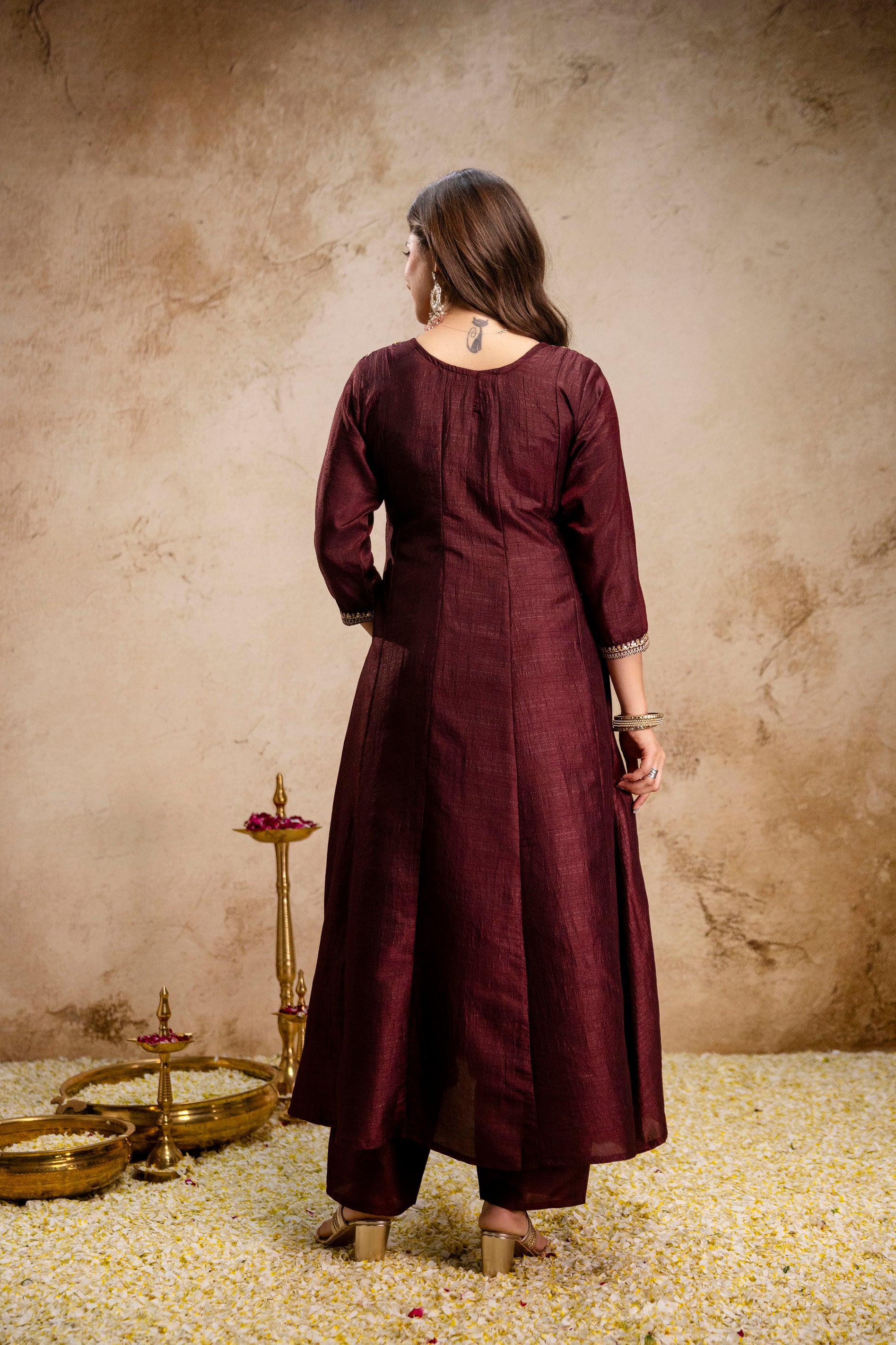 Coffee Vichitra Silk Kurta Pant Set With Heavy Thread Embroidery Work