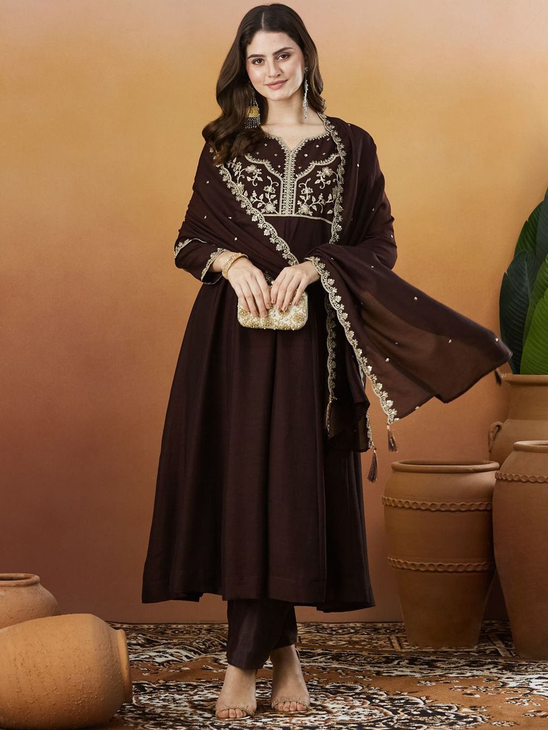 Coffee Vichitra Silk Kurta Pant Set With Heavy Thread Embroidery Work