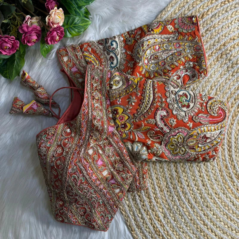 Copper Designer Partywear Crepe Blouse with Heavy Position Embroidery & Sequins Work