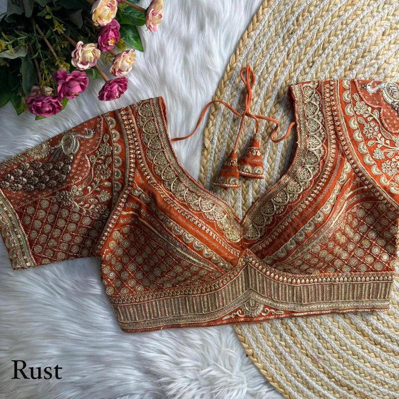 Copper Luxe Bridal Roman Silk Blouse with Gold Zari, Embroidery & Sequins