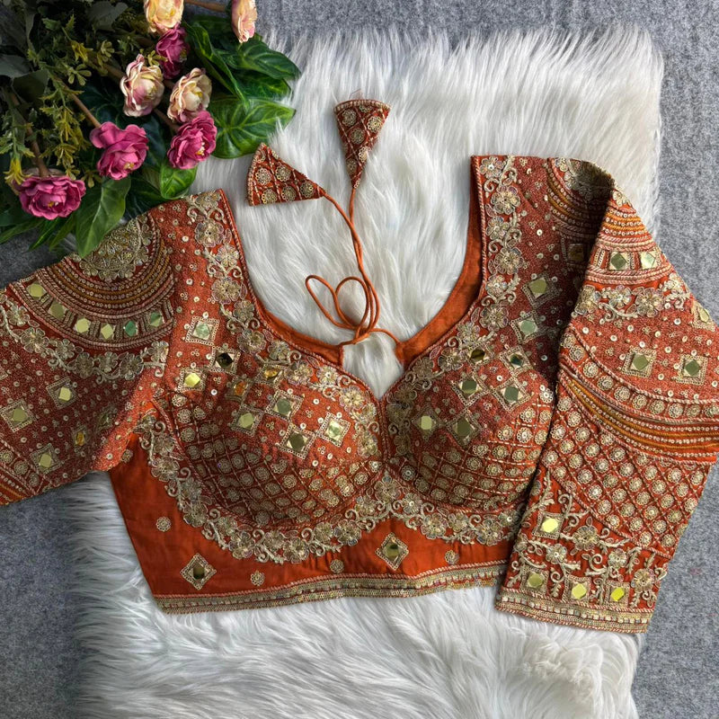 Copper Real Mirror Work Long Sleeve Bridal Blouse in Roman Silk with Embroidery & Sequins